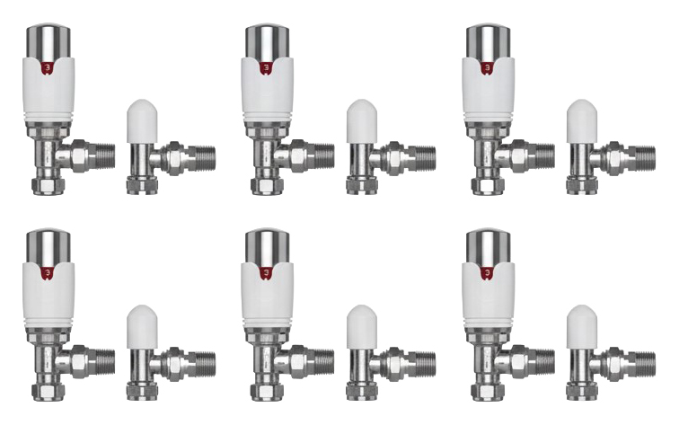 PRO Plus White & Chrome Angled Thermostatic Radiator Valve & Lockshield 15mm - Pack of 6