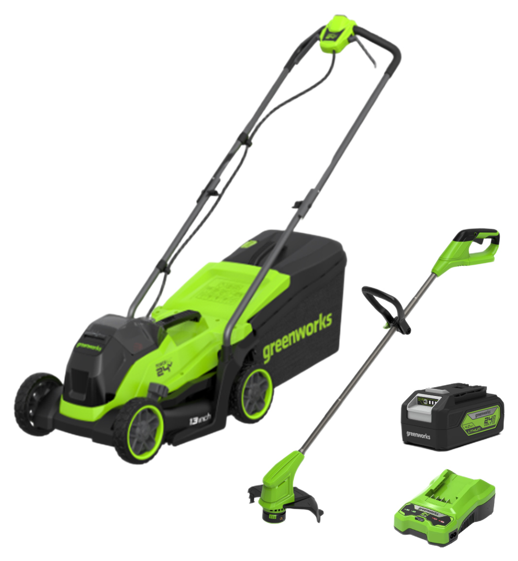 Greenworks 24V 33cm Cordless Brushless 4.0Ah Lawnmower & 25cm Line Trimmer Twin Pack