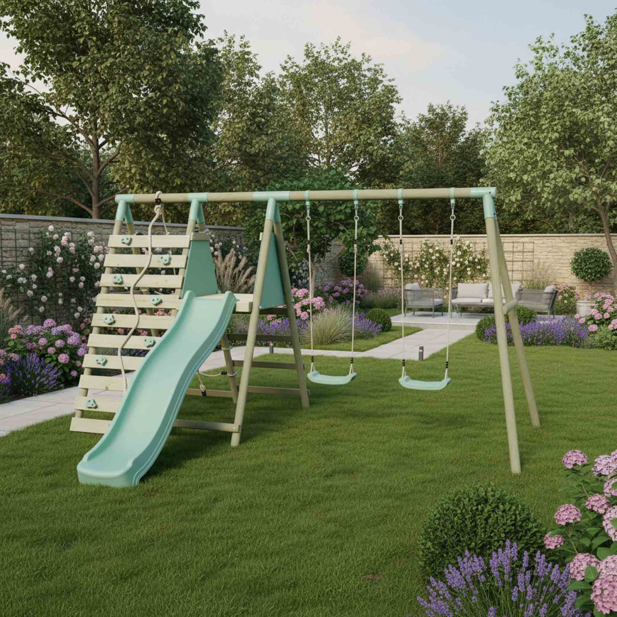 Mercia Double Swing With Climbing Wall + Slide