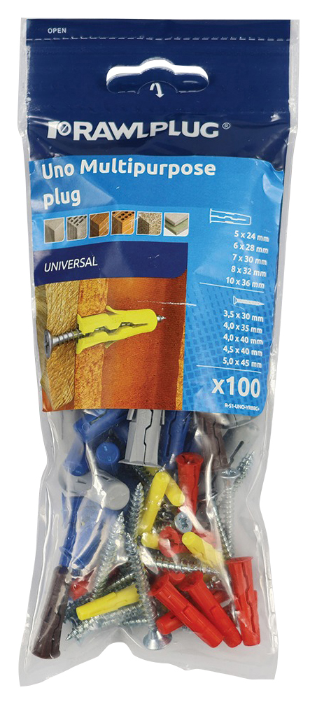 Rawlplug UNO Universal Wall Plugs with Screws Multi Pack - Pack 100