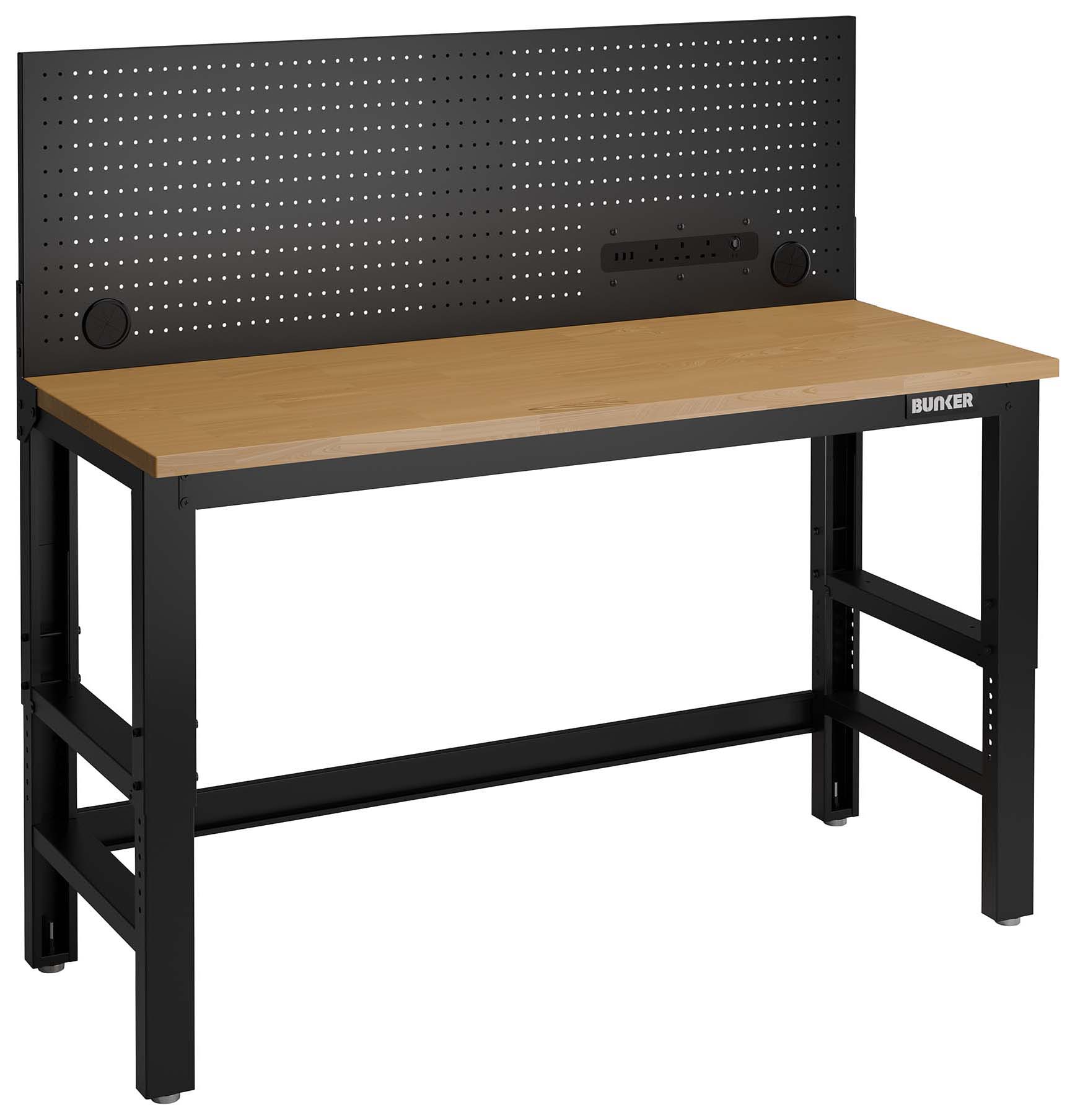 Bunker Black Workbench with Hardwood Worktop and Power Pegboard - 1550mm