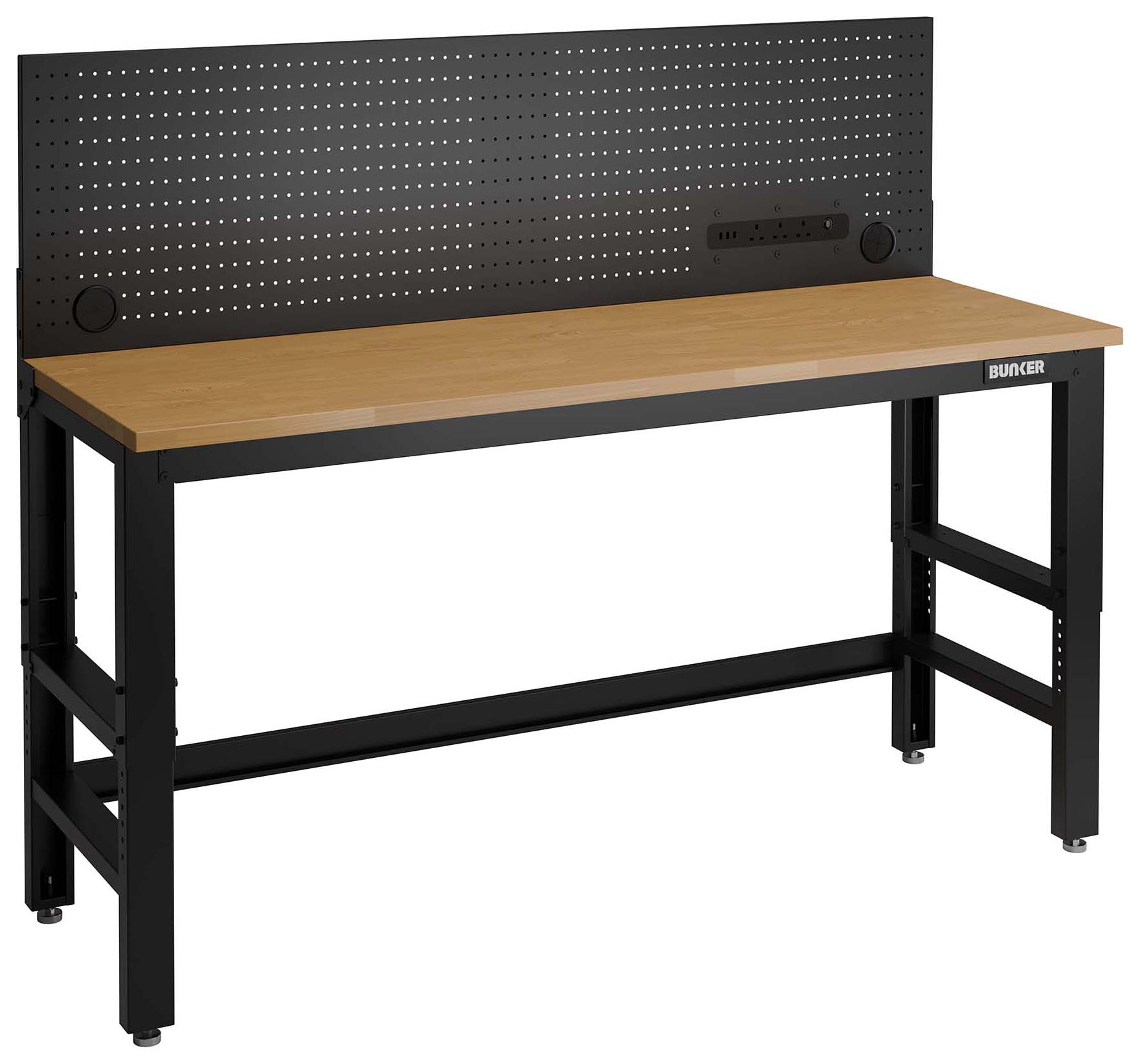 Bunker Black Workbench with Hardwood Worktop and Power Pegboard - 1830mm