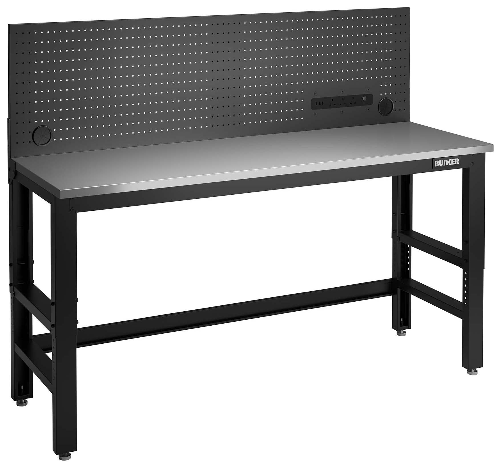 Bunker Black Workbench with Stainless Steel Worktop and Power Pegboard - 1830mm