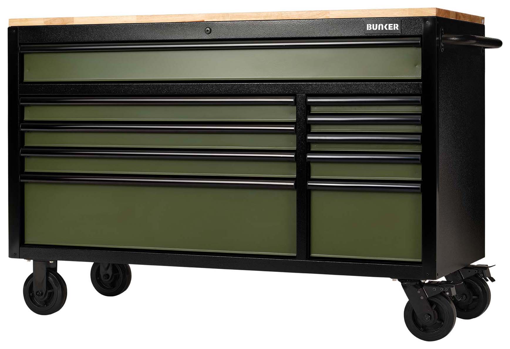Bunker Green 10 Drawer Workbench Roller Tool Cabinet - 56in