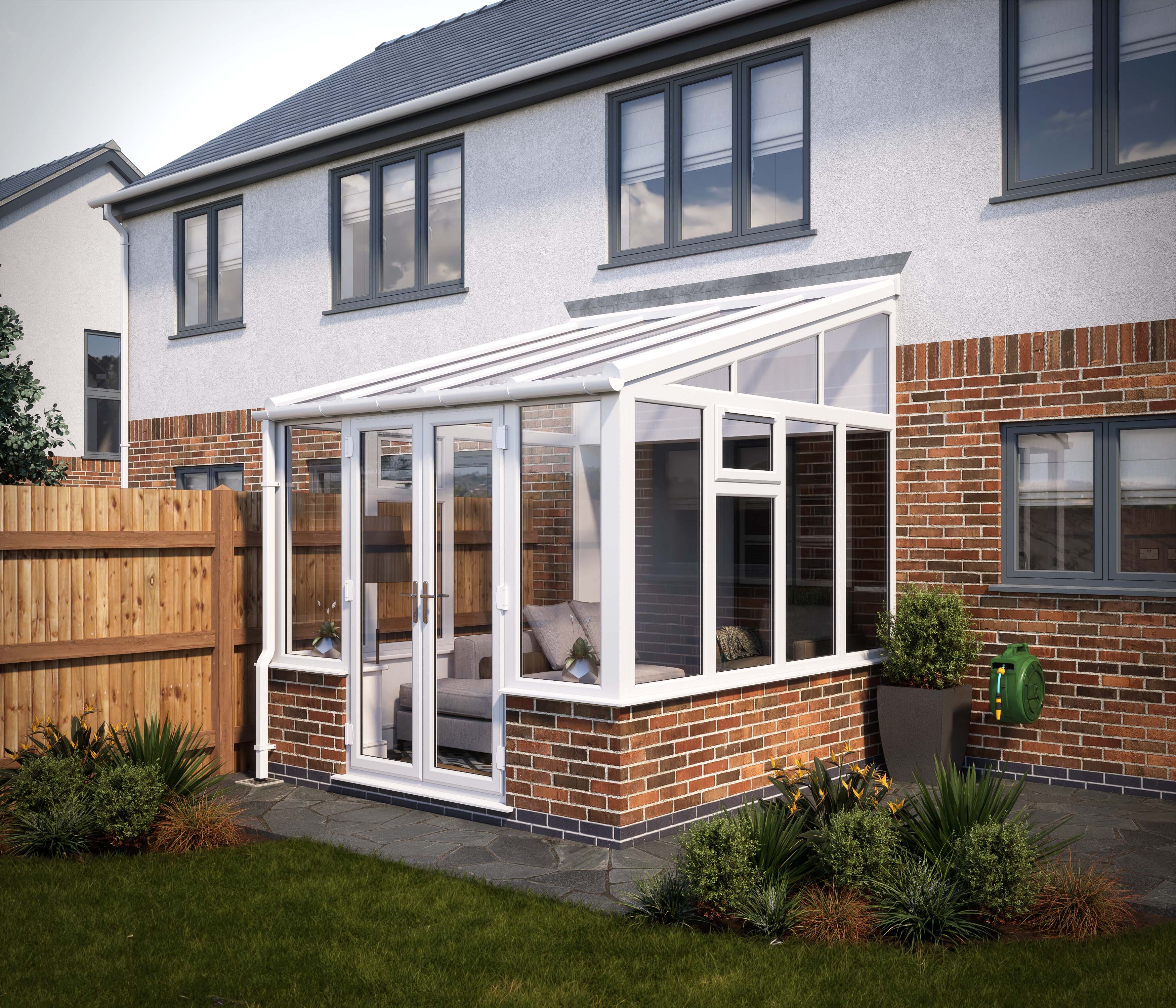 SOLglaze Glass Roof Dwarf Wall Lean To Conservatory with White Frames