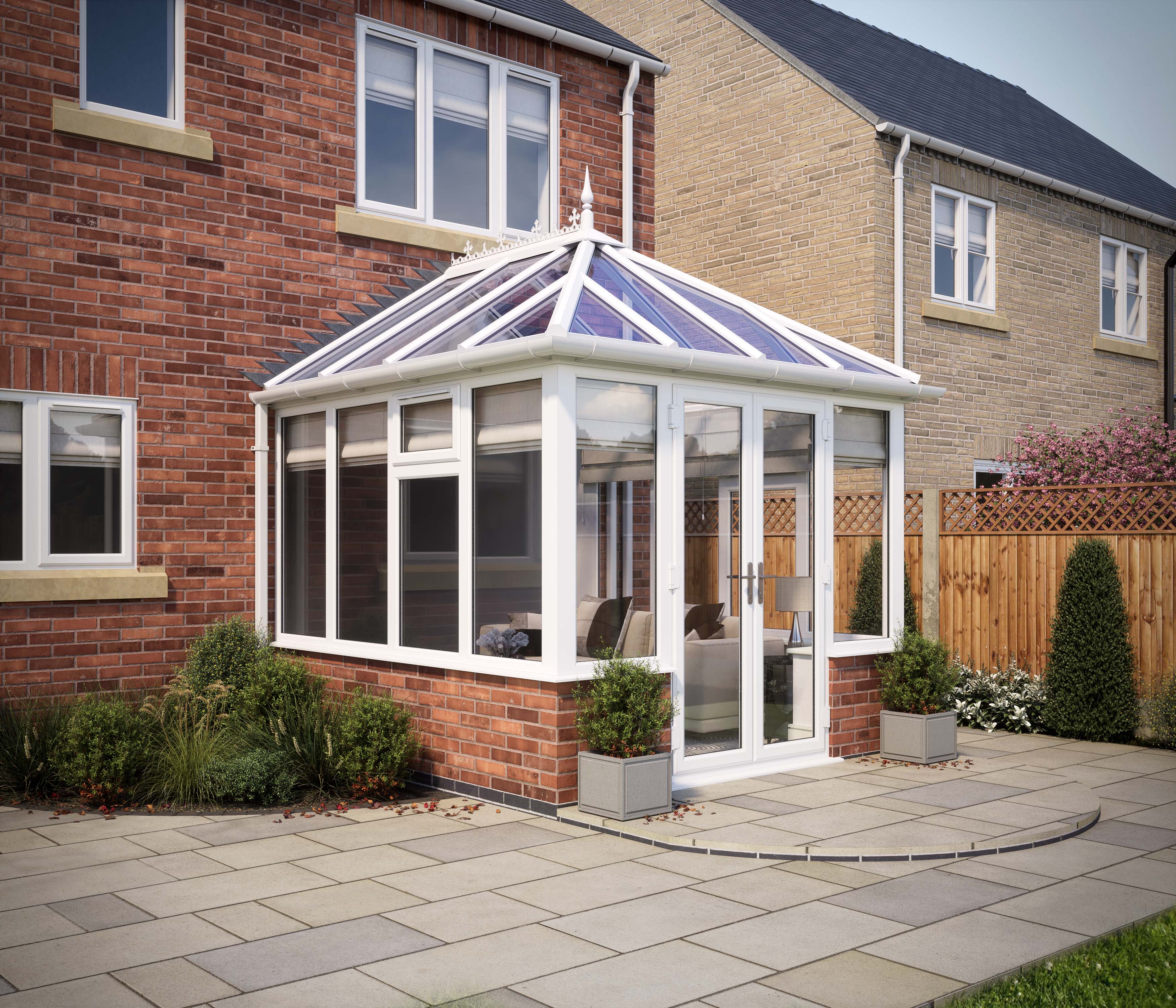 SOLglaze Glass Roof Dwarf Wall Edwardian Conservatory with White Frames
