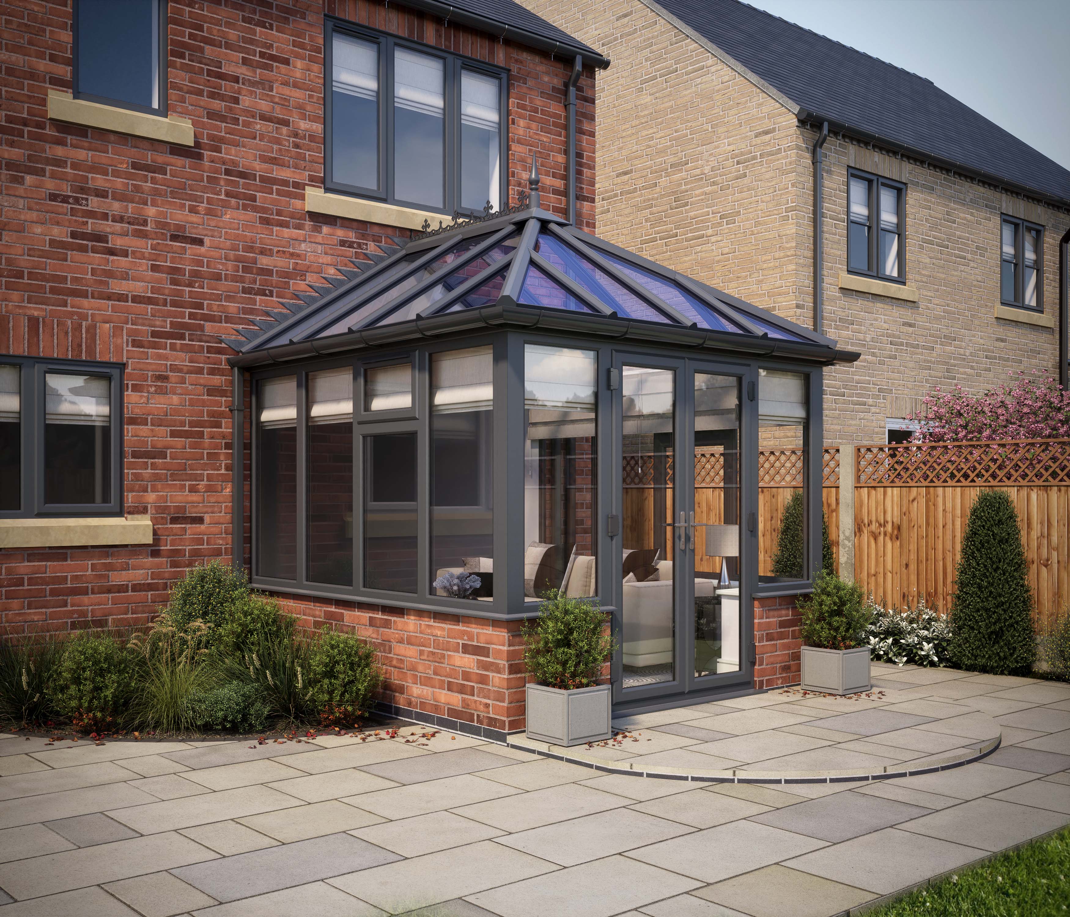 SOLglaze Glass Roof Dwarf Wall Edwardian Conservatory with Grey on White Frames