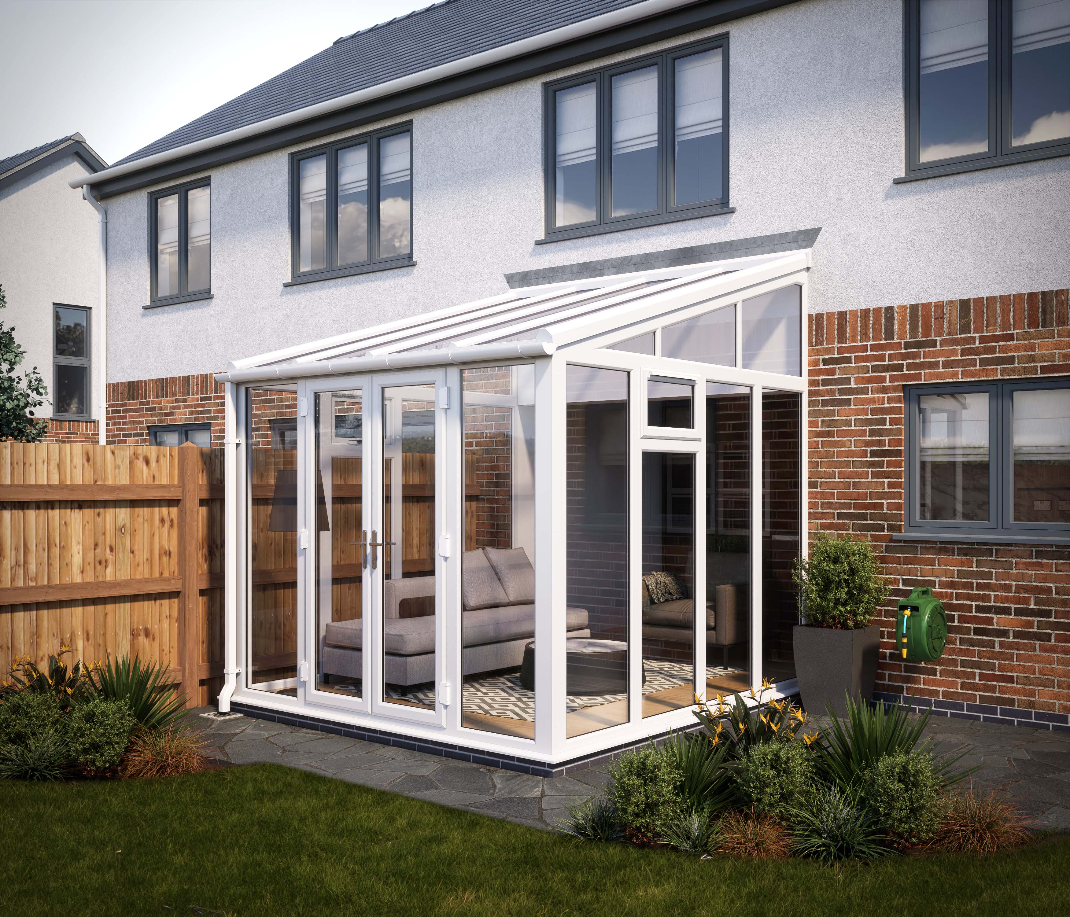 SOLglaze Glass Roof Lean To Conservatory with White Full Height Frames