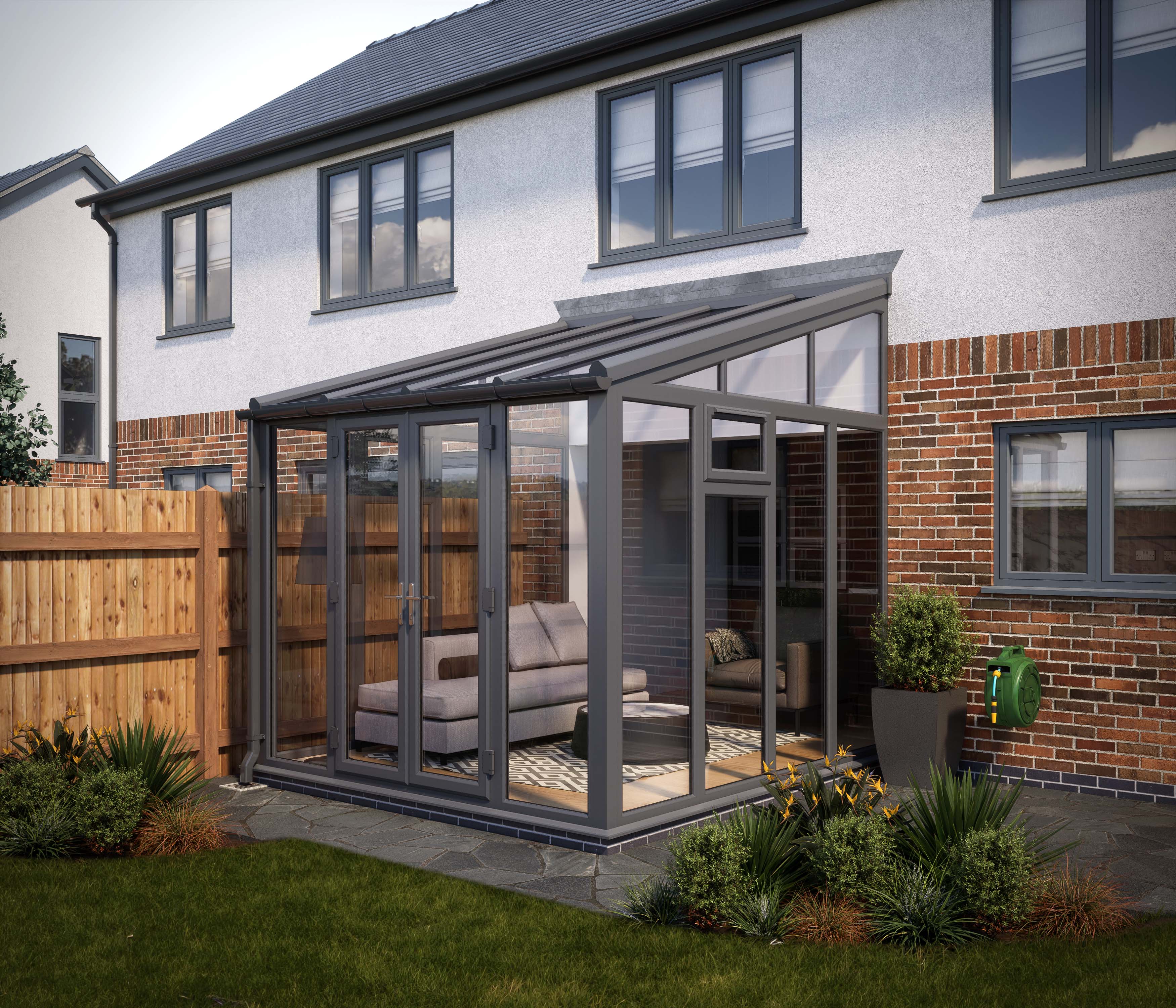 SOLglaze Glass Roof Lean To Conservatory with Grey on White Full Height Frames