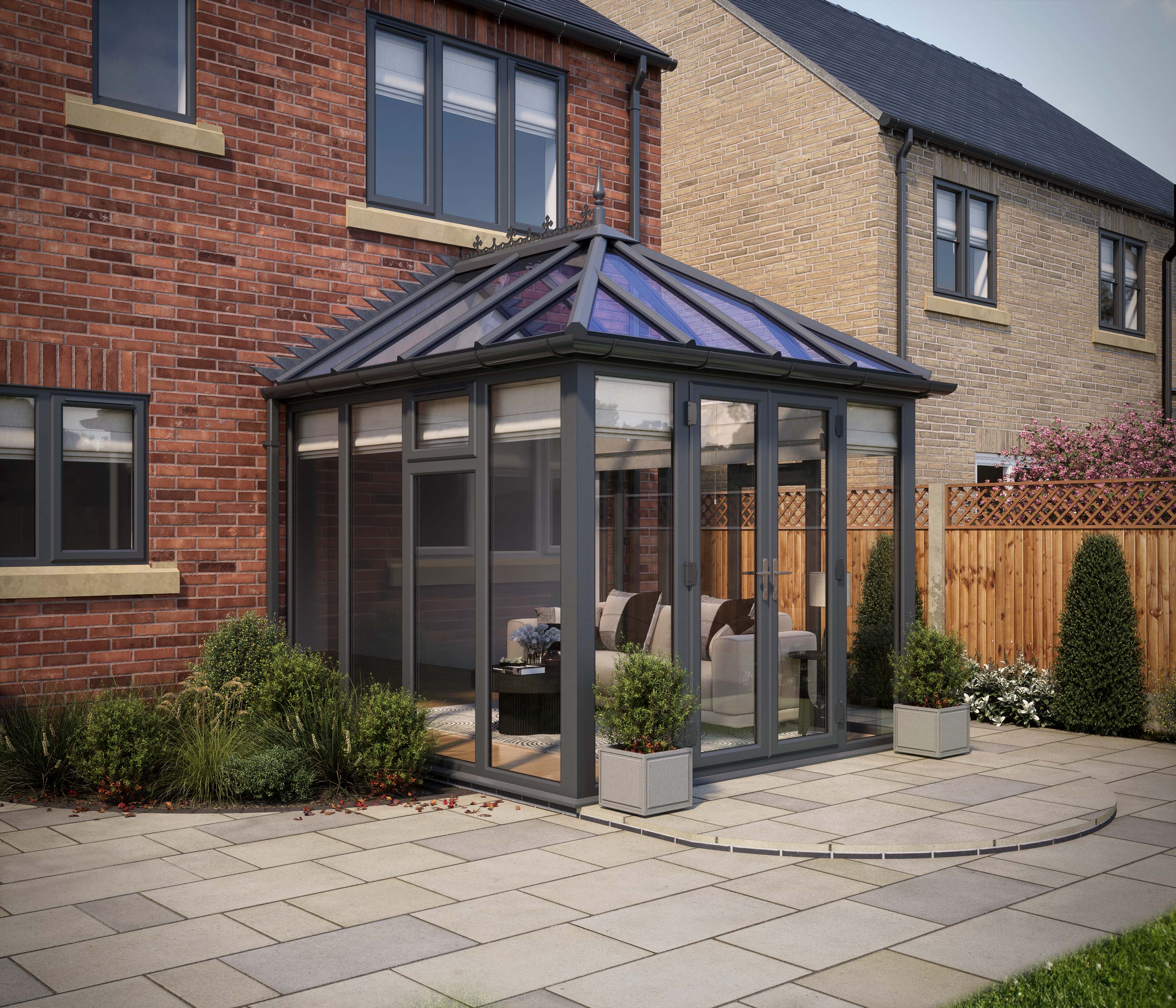SOLglaze Glass Roof Edwardian Conservatory with Grey on White Full Height Frames