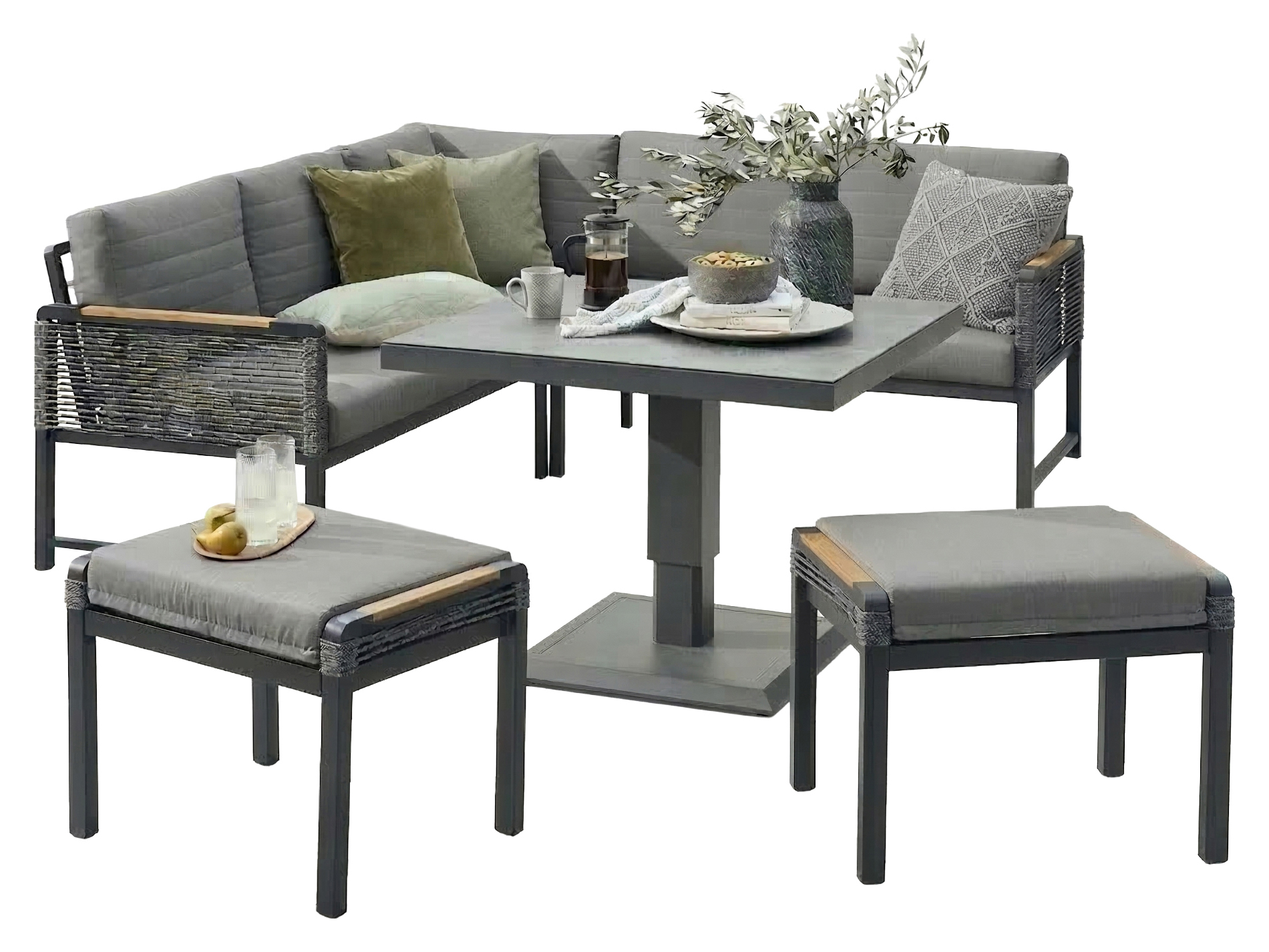 Norfolk Leisure Bellmount Mini Corner Rope Aluminium Set With Gas Height Adjustable Table with 2 Small Stools