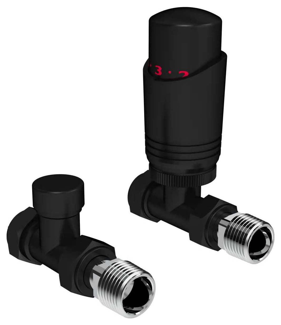 K-Rad Black Straight Thermostatic Radiator Valve & Lockshield - 15mm