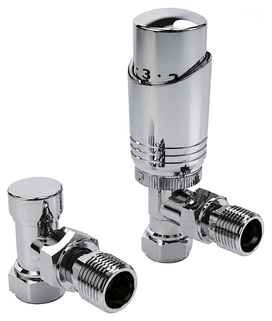 K-Rad Chrome Design Angled Thermostatic Radiator Valve & Lockshield - 15mm