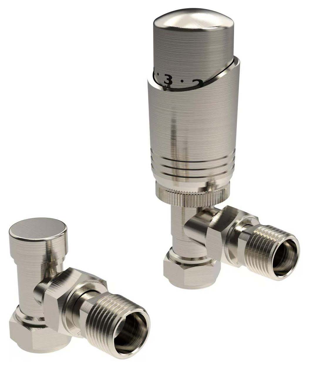 K-Rad Brushed Nickel Design Angled Thermostatic Radiator Valve & Lockshield - 15mm