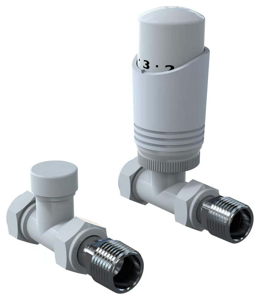 K-Rad White Straight Thermostatic Radiator Valve & Lockshield - 15mm