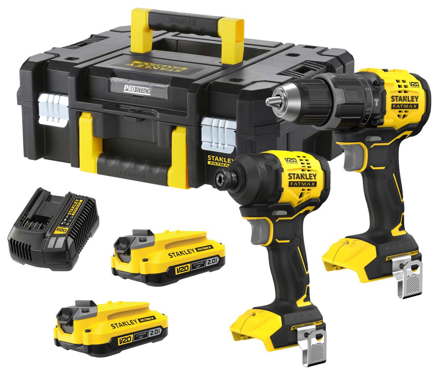 Stanley Fatmax V20 SFMCK201D2T-GB 18V Cordless Brushless Combi Drill & Impact Driver Twin Kit - 2 x 2.0Ah