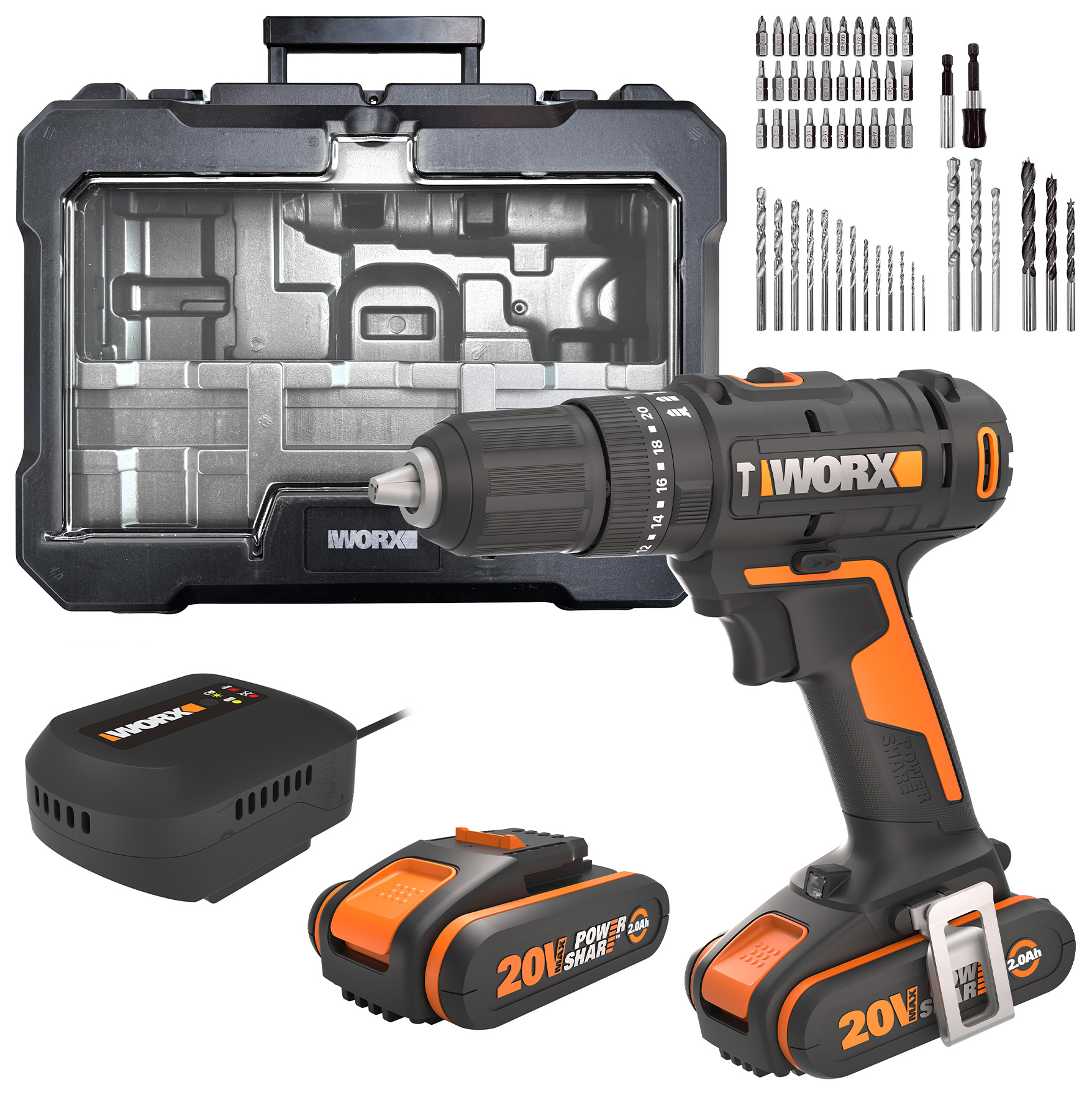 Worx WX370.2 20V Cordless Combi Drill with 51 Piece Accessory Kit 2 x 2.0Ah