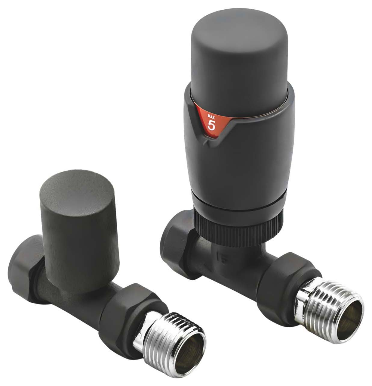 Towelrads Anthracite Straight Round Thermostatic Radiator Valve & Lockshield - 15mm