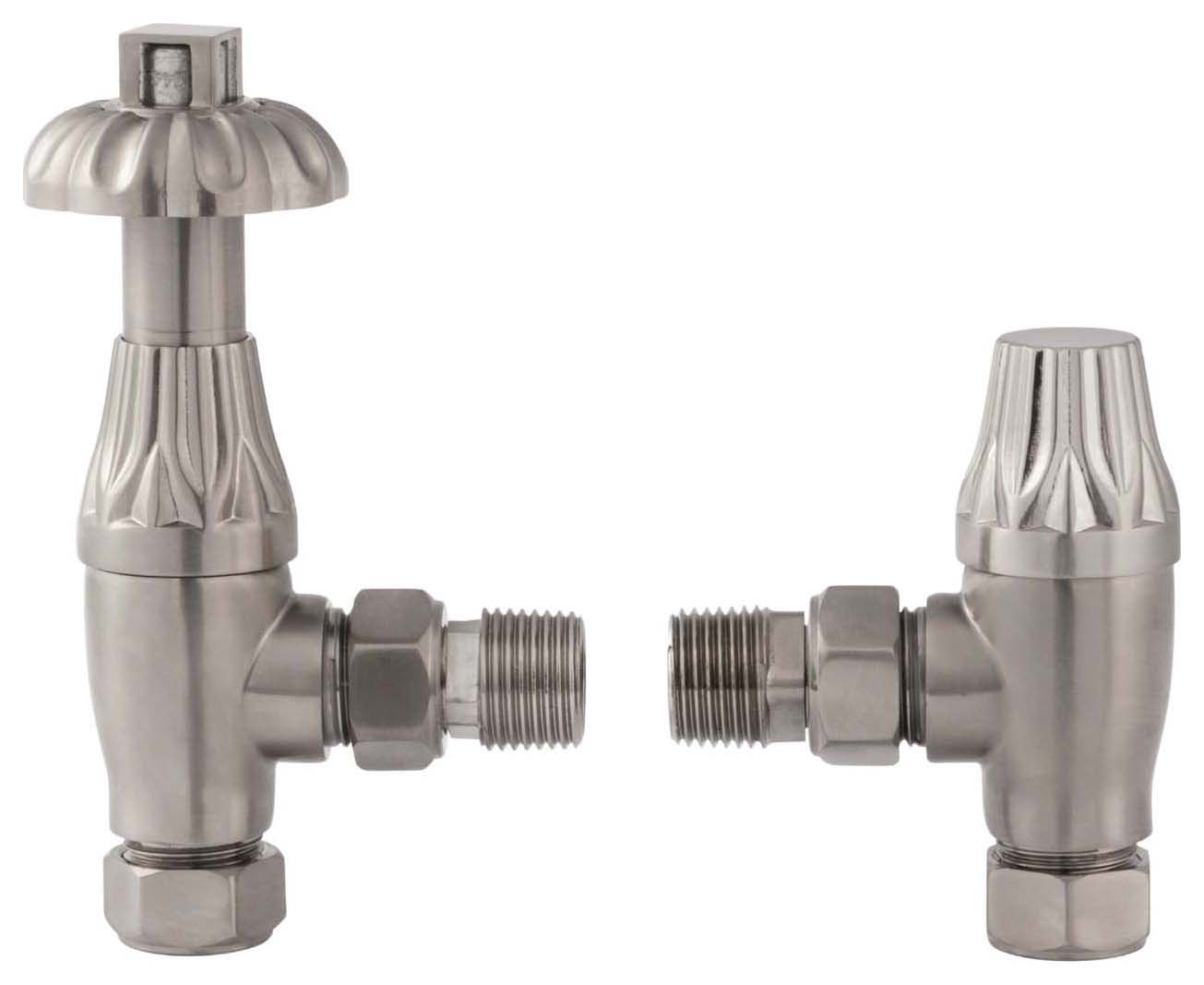 Towelrads Westminster Satin Nickel Angled Thermostatic Radiator Valve & Lockshield - 15mm
