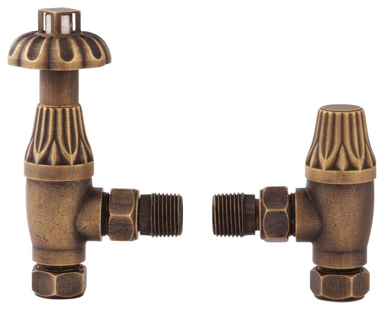 Towelrads Westminster Antique Brass Angled Thermostatic Radiator Valve & Lockshield - 15mm