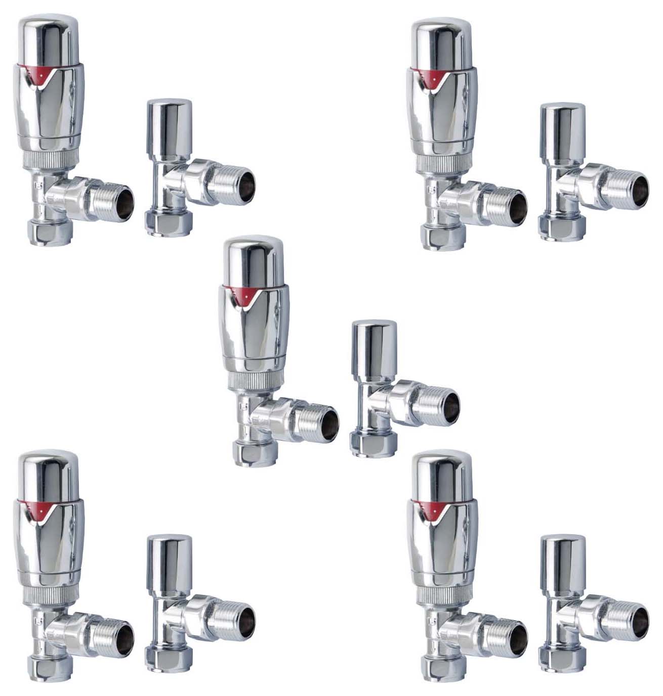 Towelrads Chrome Angled Round Thermostatic Radiator Valve & Lockshield - 15mm - Pack of 5