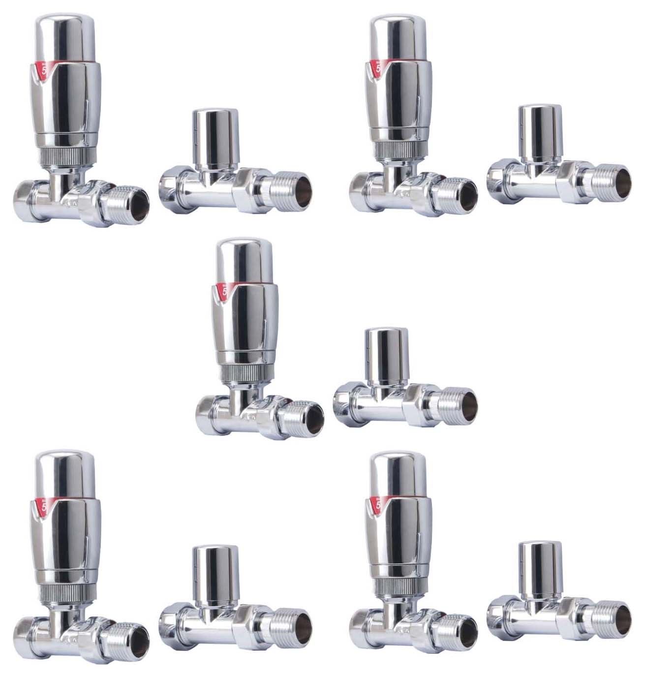 Towelrads Chrome Straight Round Thermostatic Radiator Valve & Lockshield - 15mm - Pack of 5