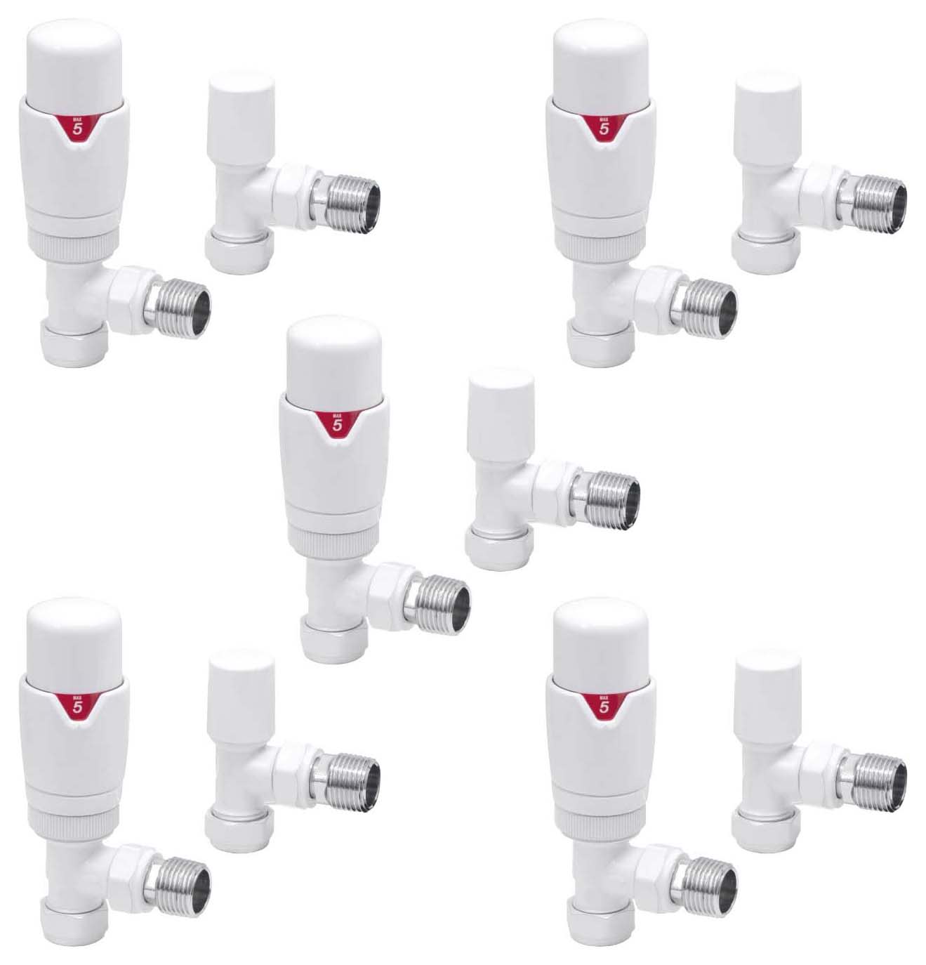 Towelrads White Angled Round Thermostatic Radiator Valve & Lockshield - 15mm - Pack of 5