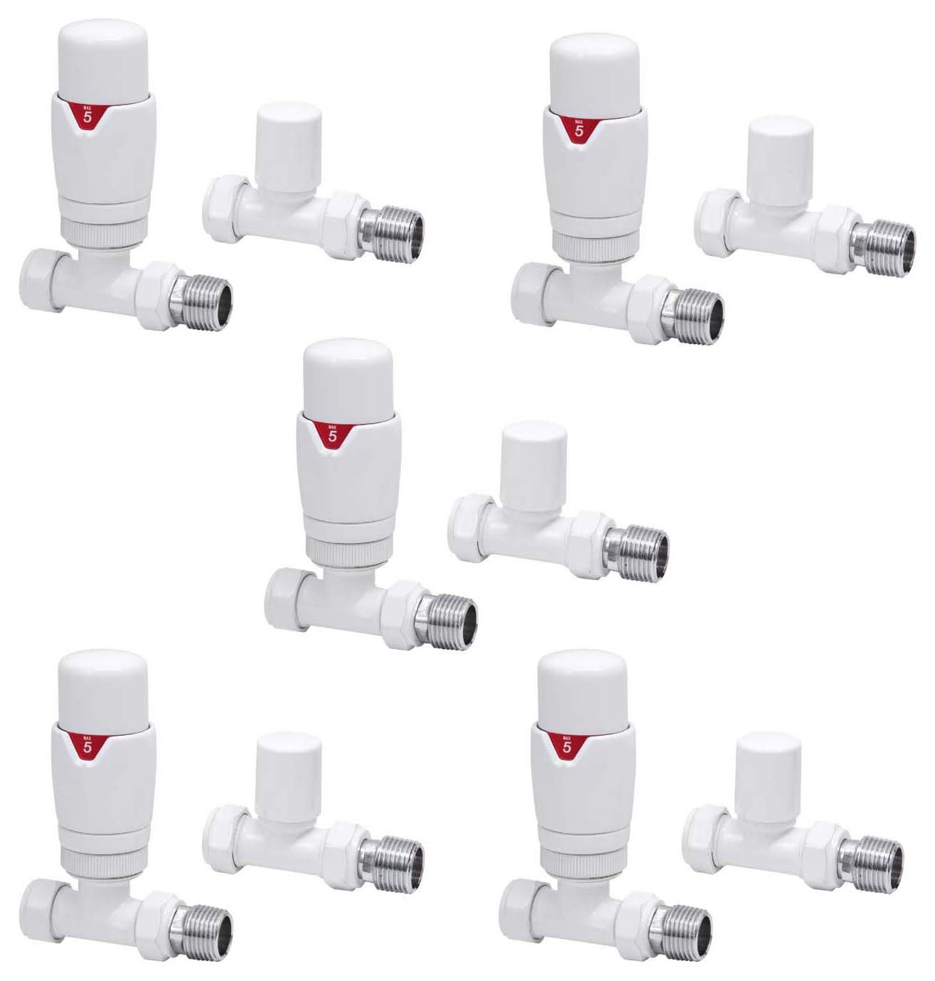 Towelrads White Straight Round Thermostatic Radiator Valve & Lockshield - 15mm - Pack of 5