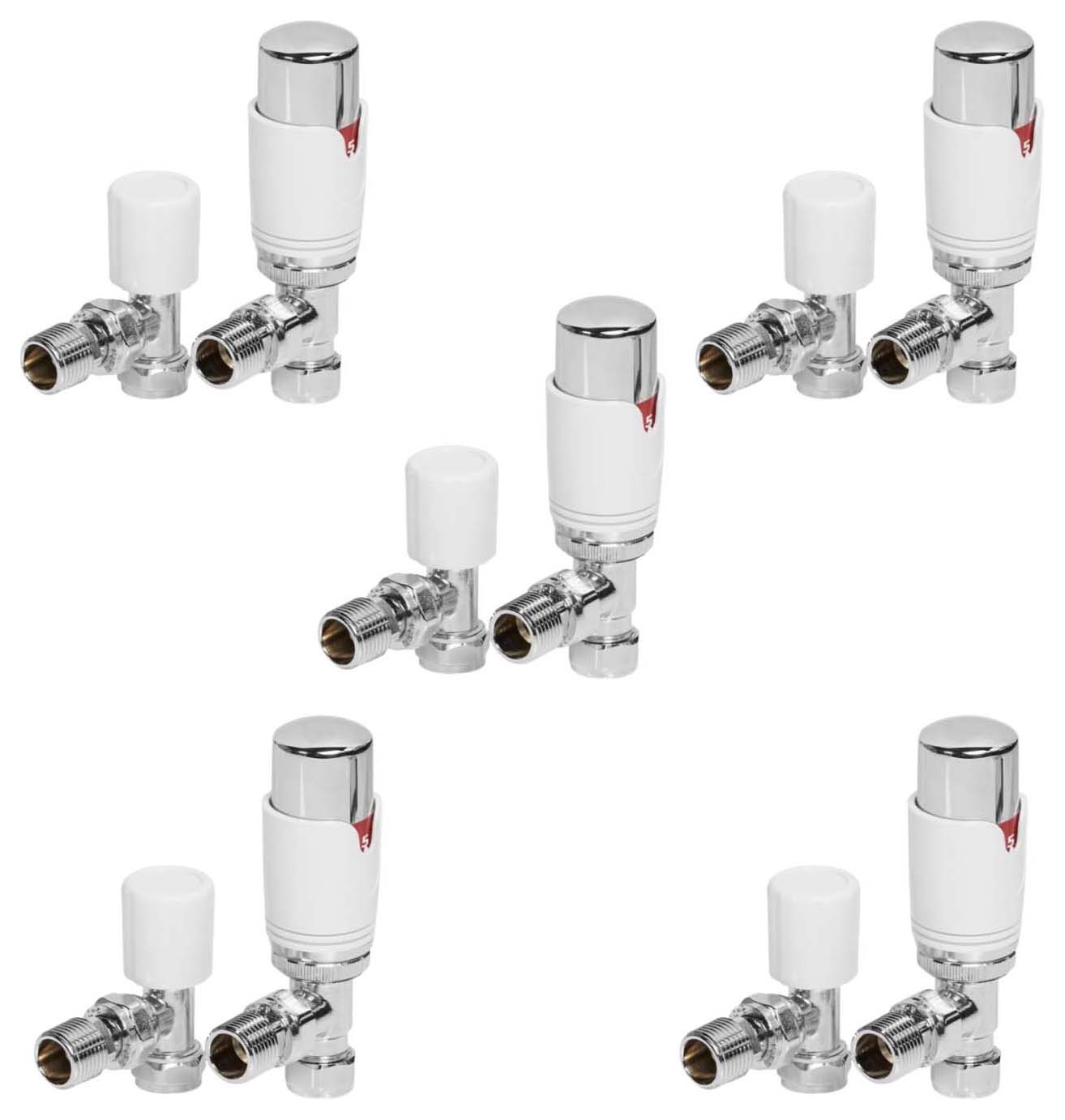 Towelrads White & Chrome Angled Round Thermostatic Radiator Valve & Lockshield - 15mm - Pack of 5