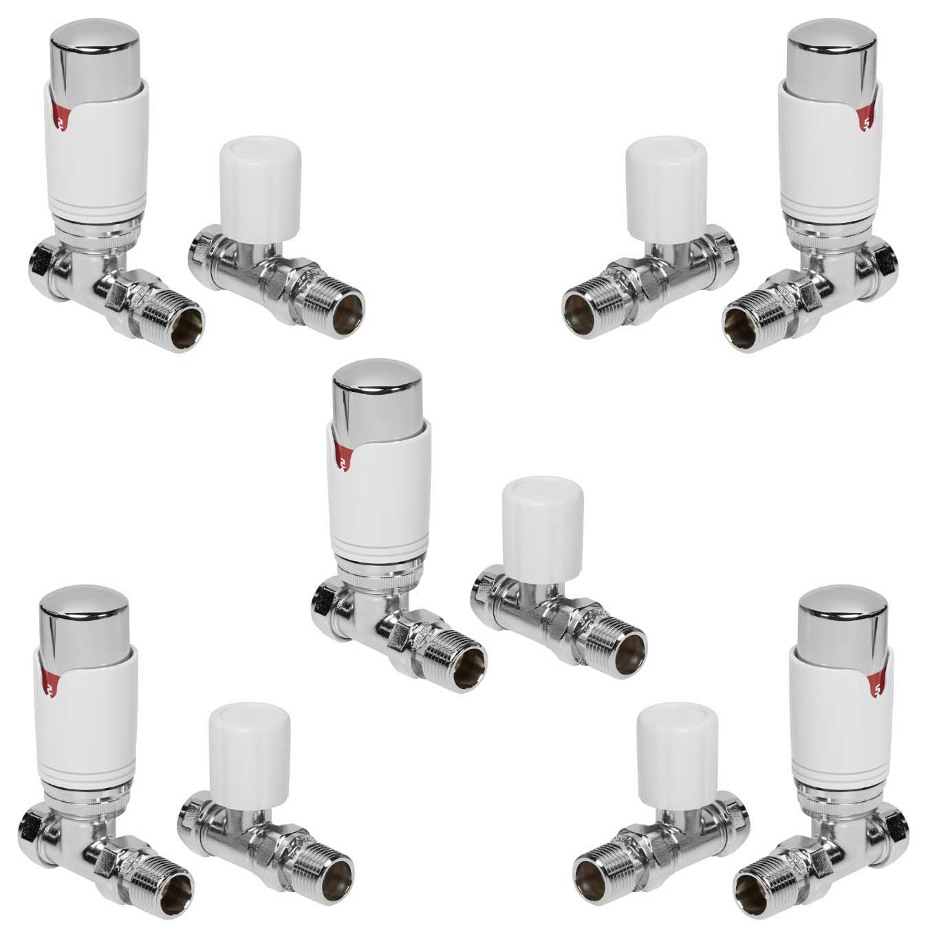 Towelrads White & Chrome Straight Round Thermostatic Radiator Valve & Lockshield - 15mm - Pack of 5