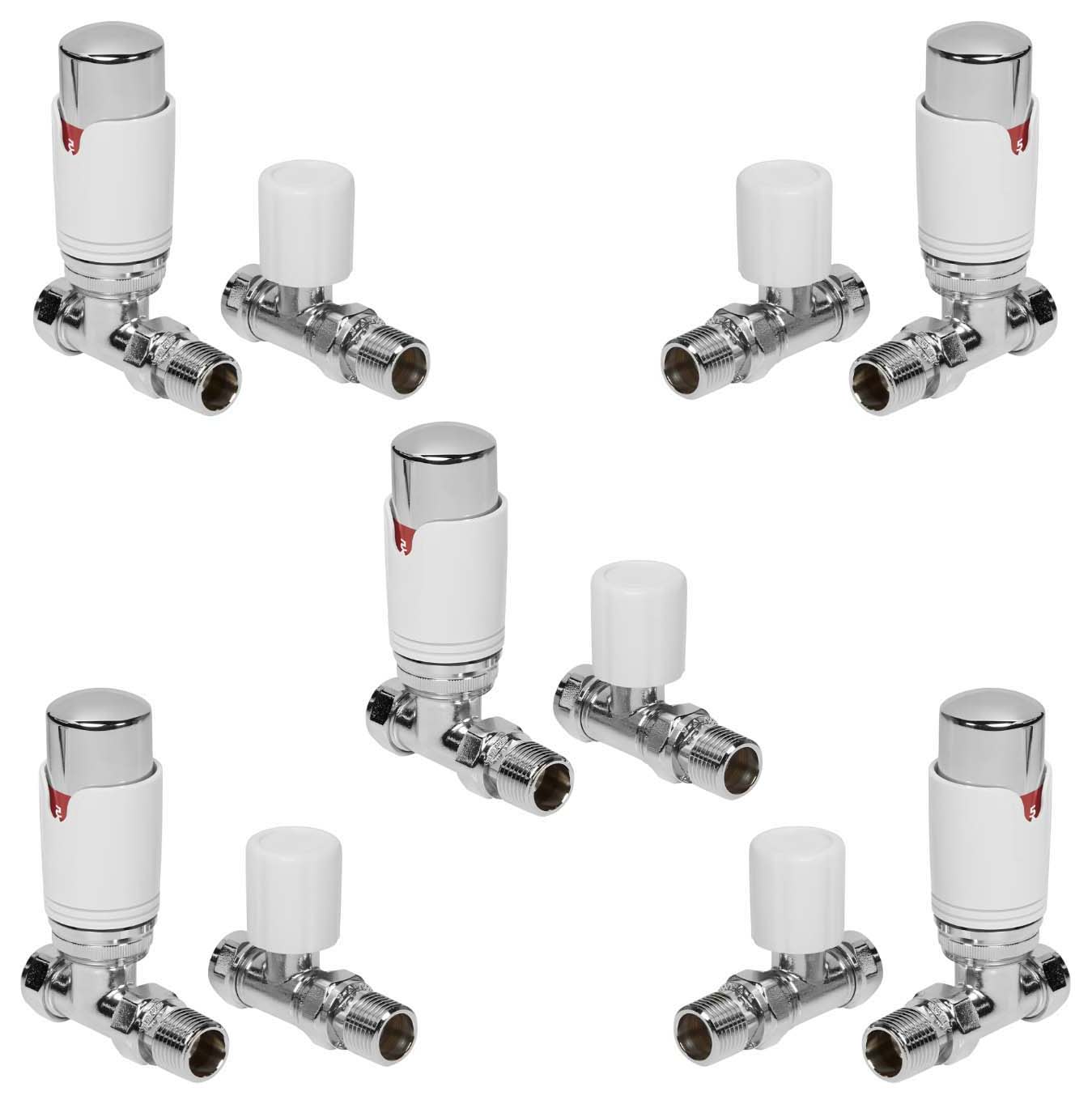 Towelrads White & Chrome Straight Round Thermostatic Radiator Valve & Lockshield - 15mm - Pack of 5