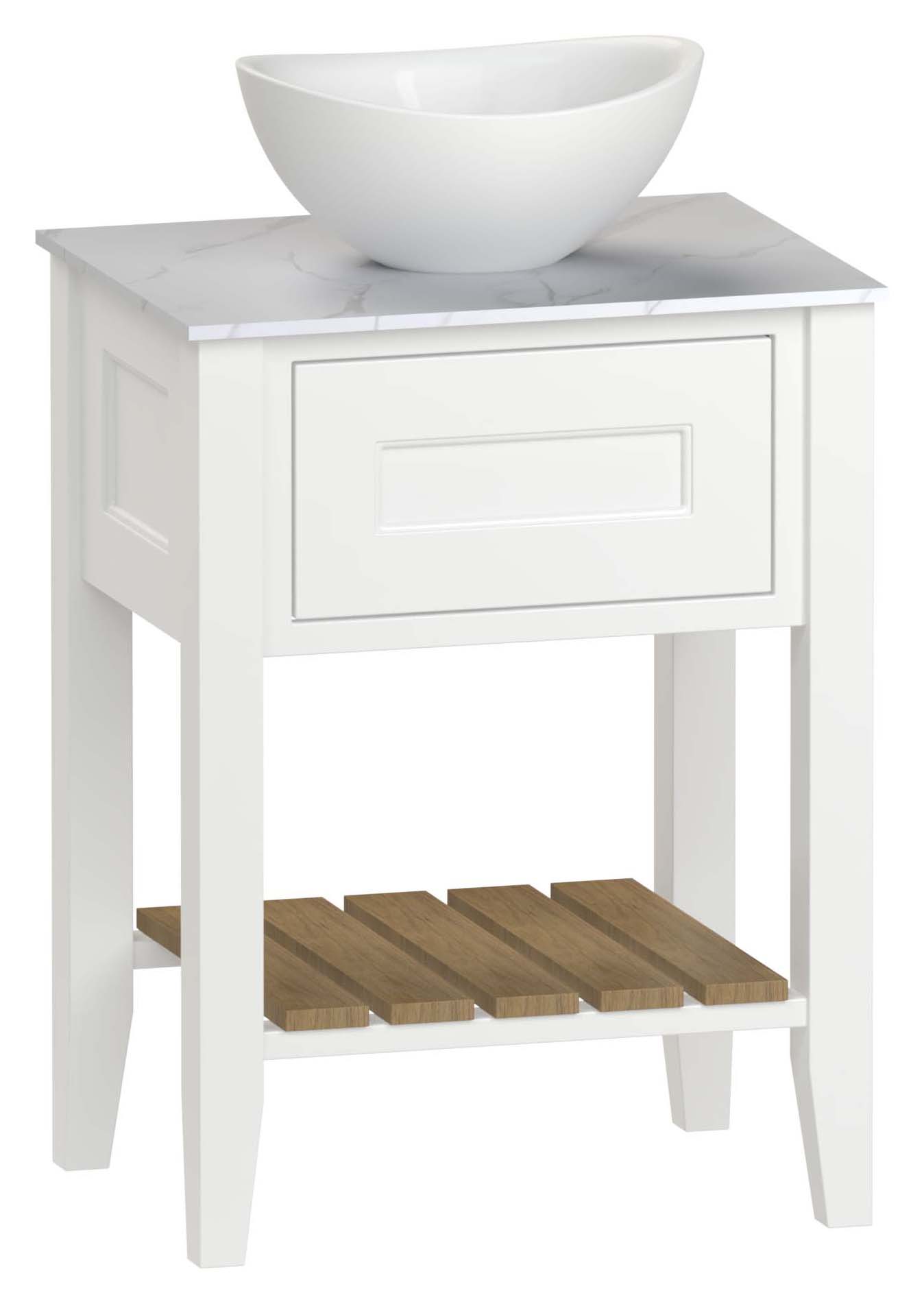Duarti by Calypso Berkeley 615mm Washstand Vanity in Heritage White c/w Macael White Worktop & Denton Sit-on Basin