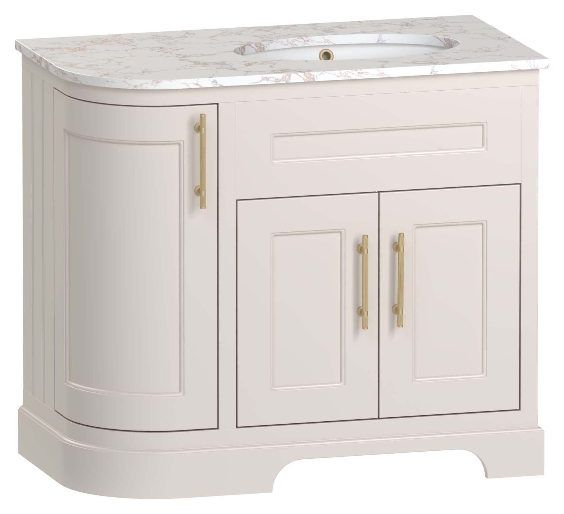 Duarti by Calypso Berkeley 972mm LH Curved Vanity in Sandstone c/w Gold Carrara Worktop with Undermount Basin