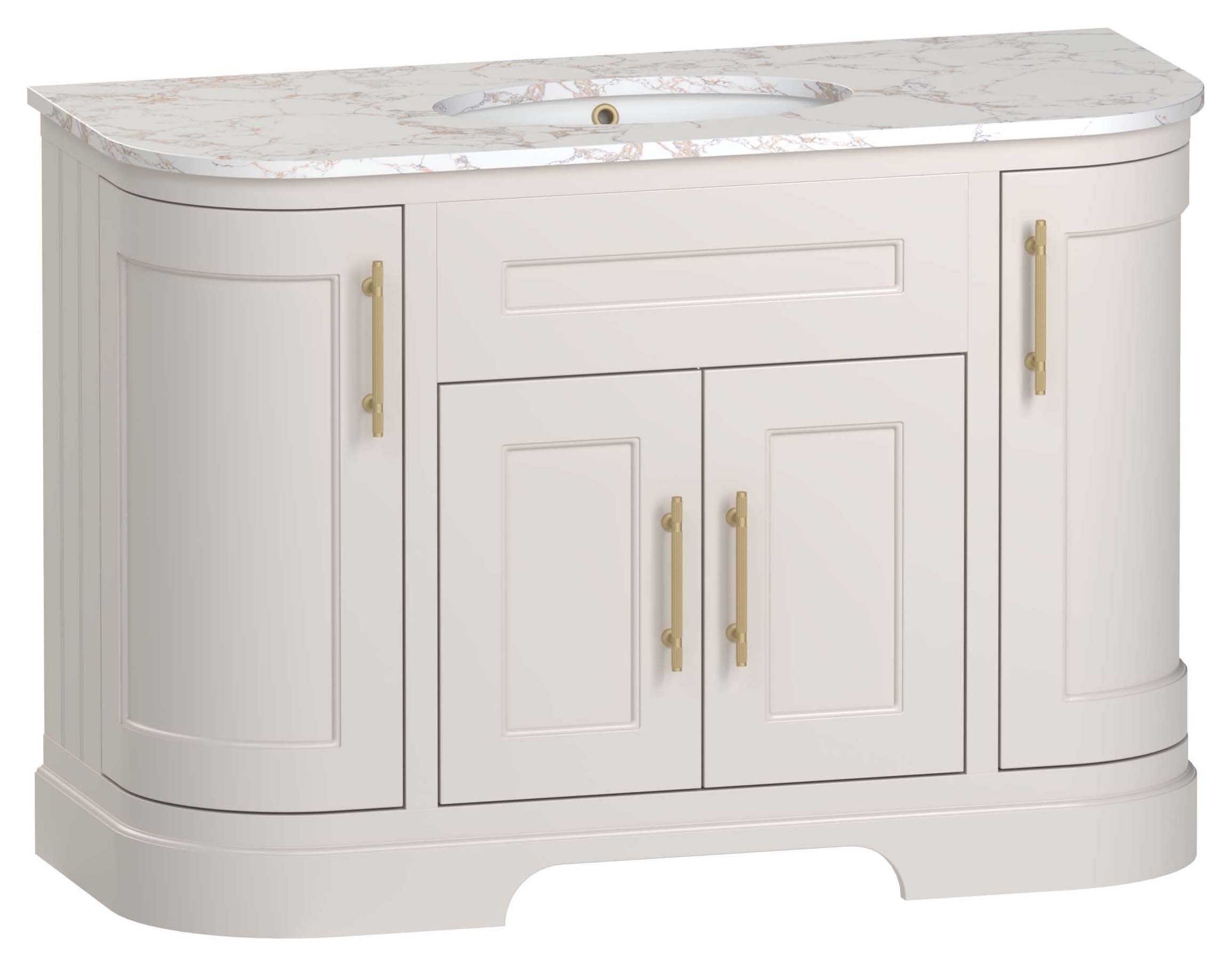 Duarti by Calypso Berkeley 1240mm Double Curved Vanity in Sandstone c/w Gold Carrara Worktop with Undermount Basin