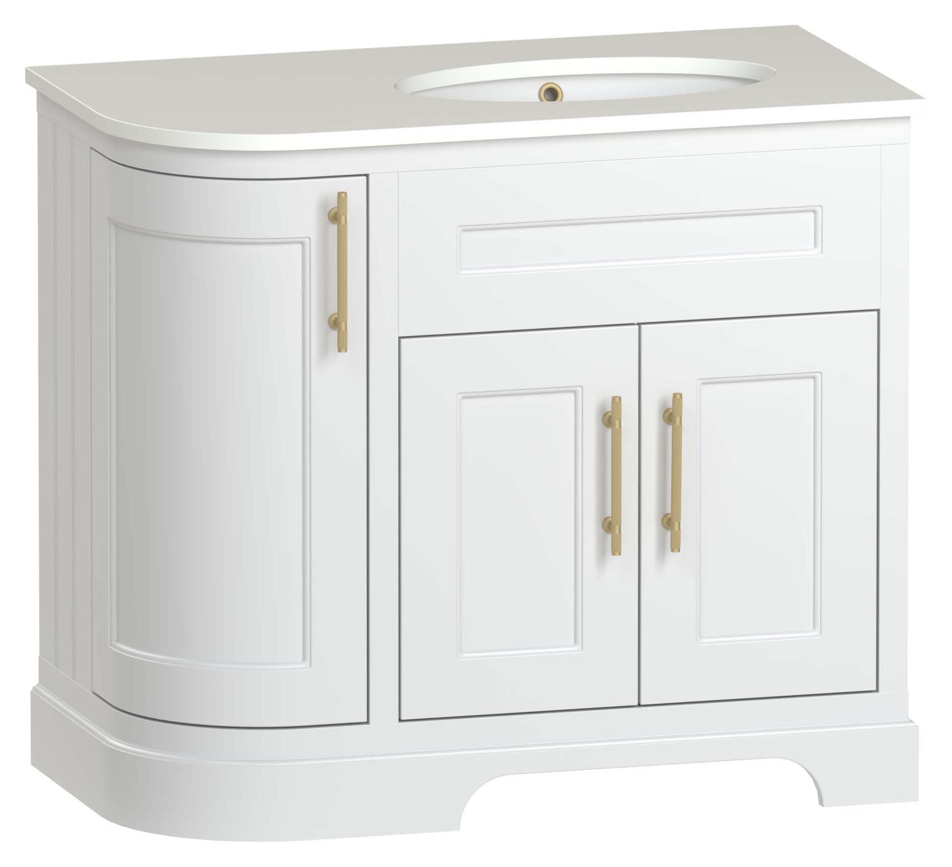 Duarti by Calypso Berkeley 972mm LH Curved Vanity in Heritage White c/w Alpine Stone Worktop with Undermount Basin