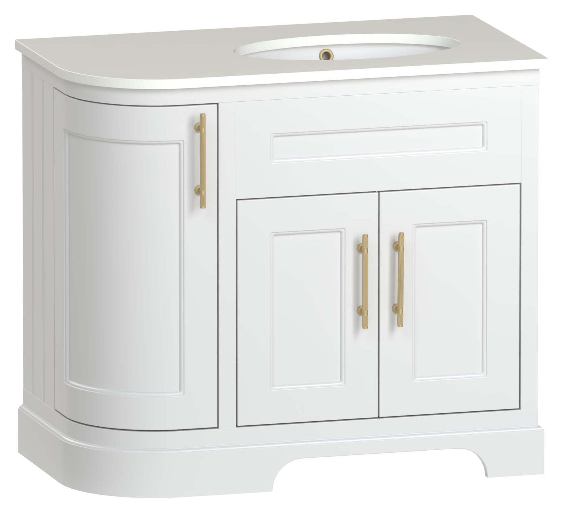 Duarti by Calypso Berkeley 972mm LH Curved Vanity in Heritage White c/w Alpine Stone Worktop with Undermount Basin