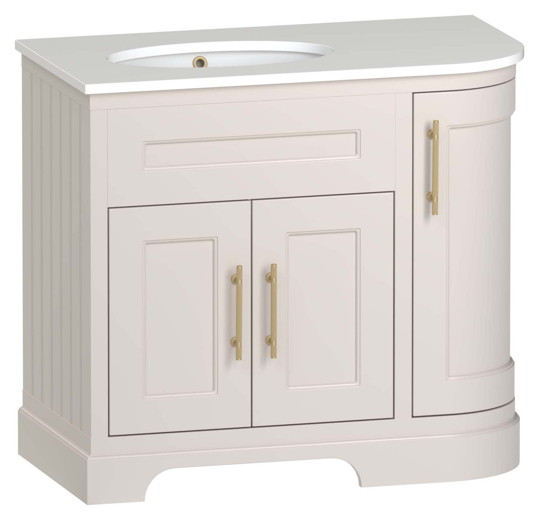 Duarti by Calypso Berkeley 972mm RH Curved Vanity in Sandstone c/w Alpine Stone Worktop with Undermount Basin