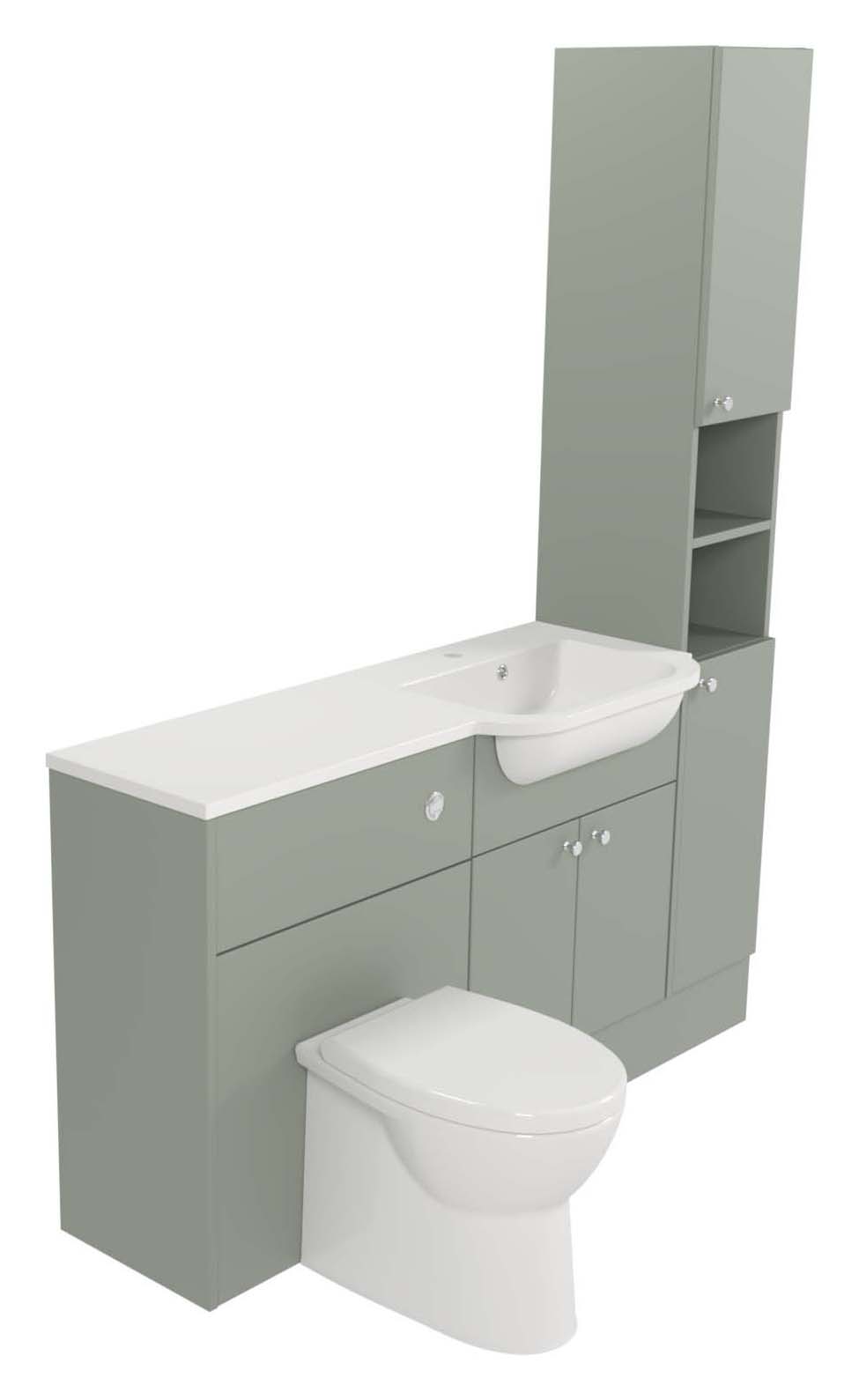 Deccado Benham Willow Green Fitted Tower, Vanity & Toilet Pan Unit Combination with RH Basin - 1500mm
