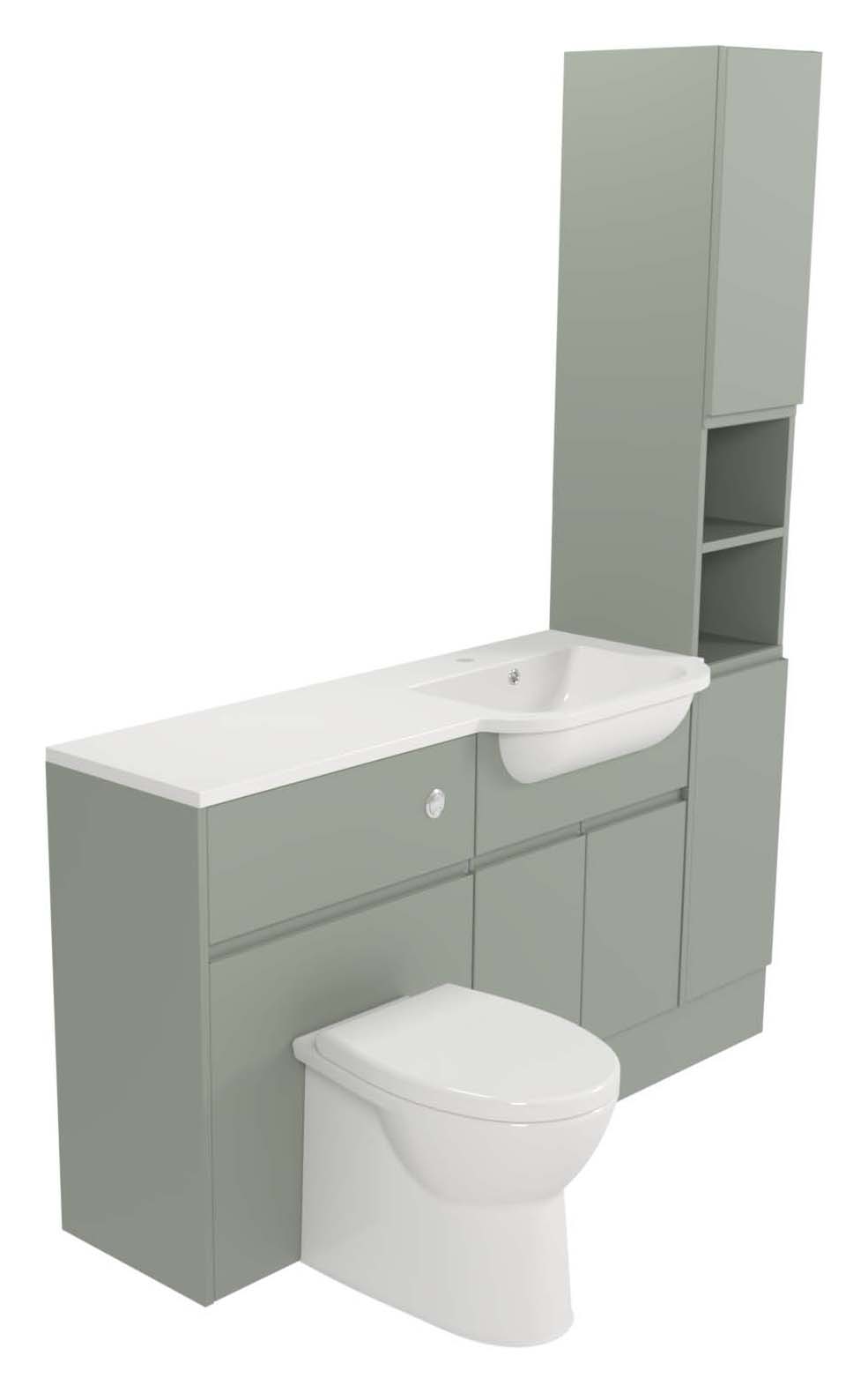 Deccado Clifton Willow Green Fitted Tower, Vanity & Toilet Pan Unit Combination with RH Basin - 1500mm
