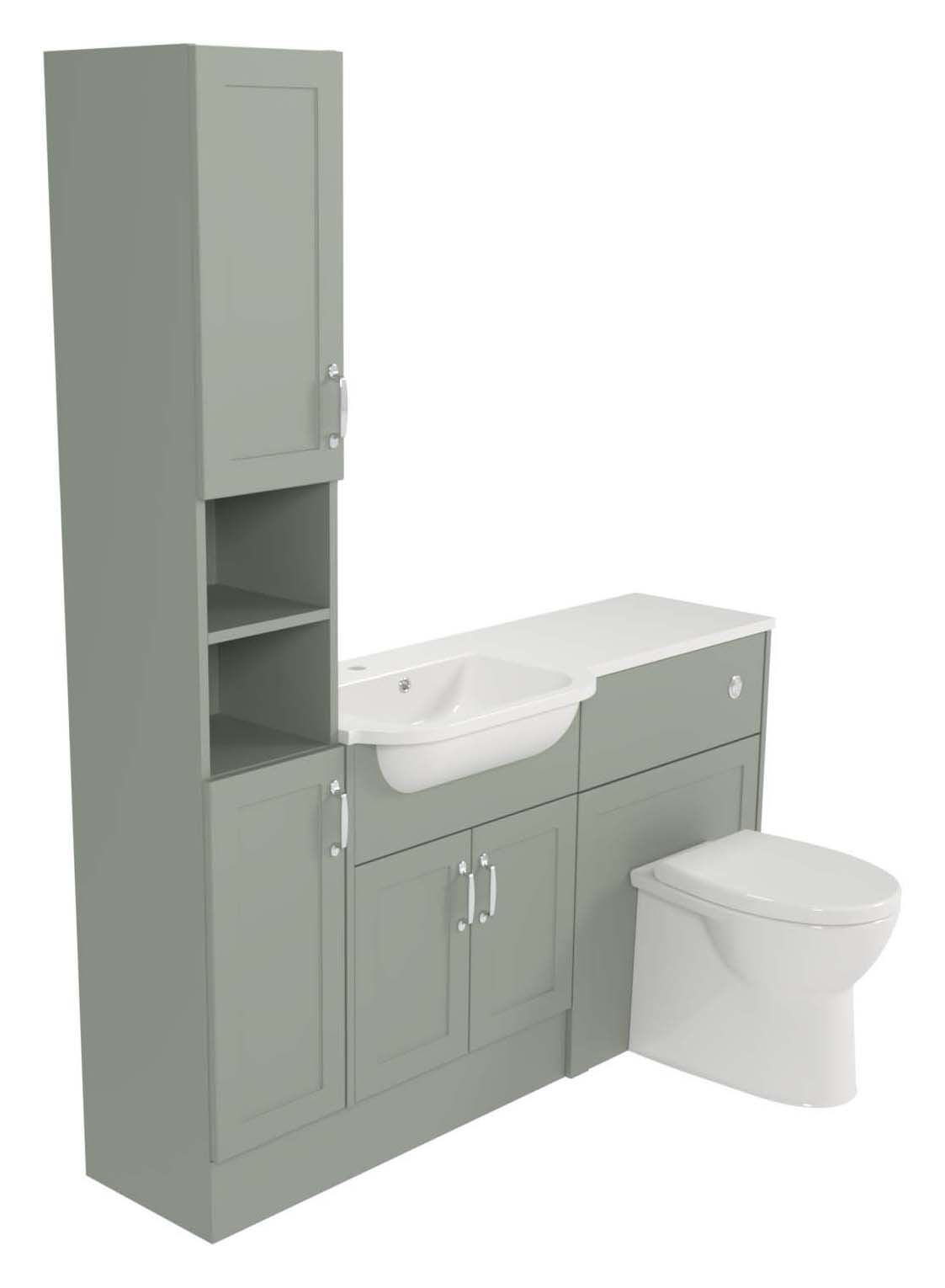 Deccado Padworth Willow Green Fitted Tower, Vanity & Toilet Pan Unit Combination with LH Basin - 1500mm