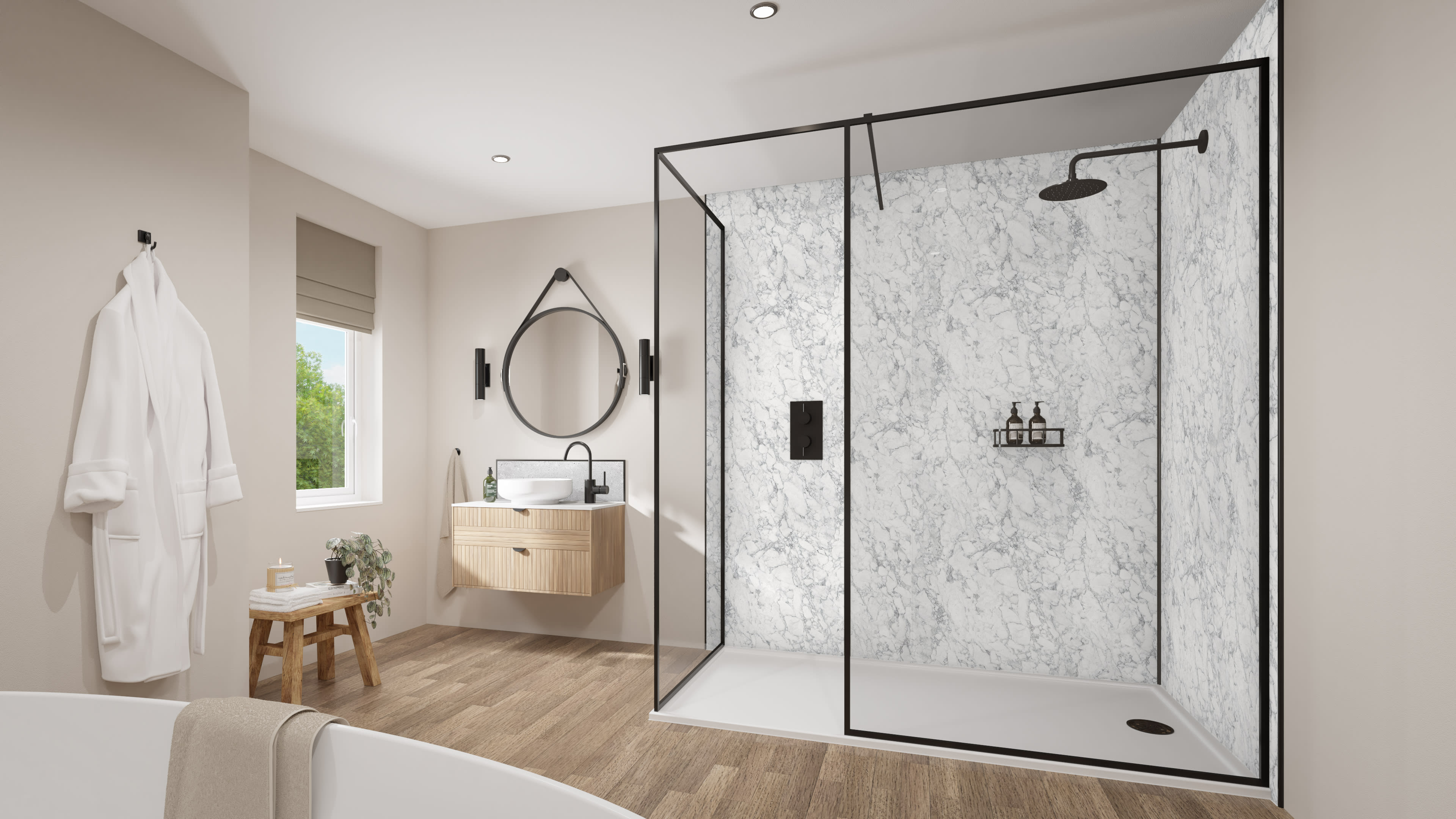 Wetwall Mermaid Bianco Marble Gloss Tongue & Groove Shower Panel - 2420 x 1185 x 11mm