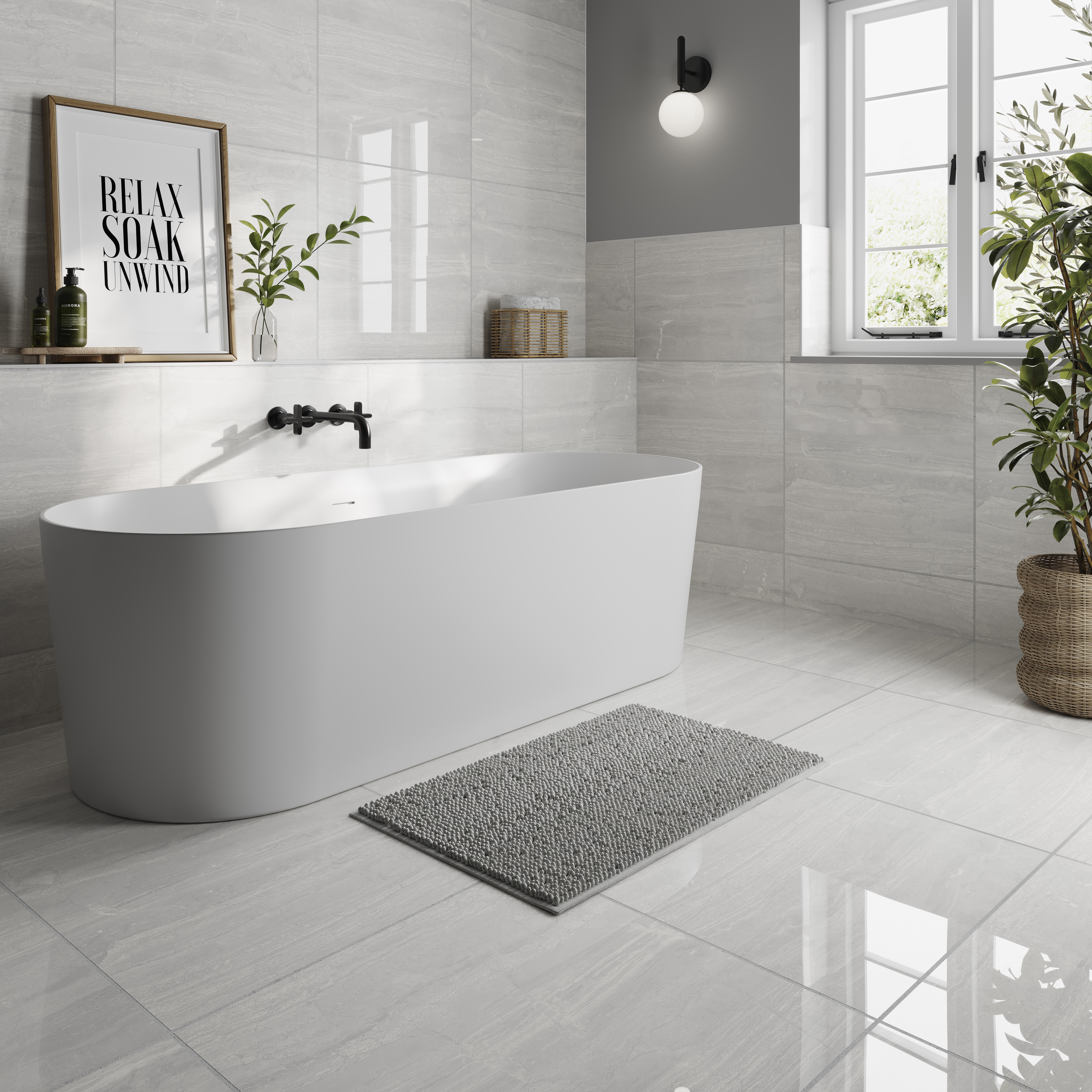 Olympia Light Grey Polished Stone Porcelain Wall & Floor Tile - 600 x 600mm - Pallet of 40 Packs