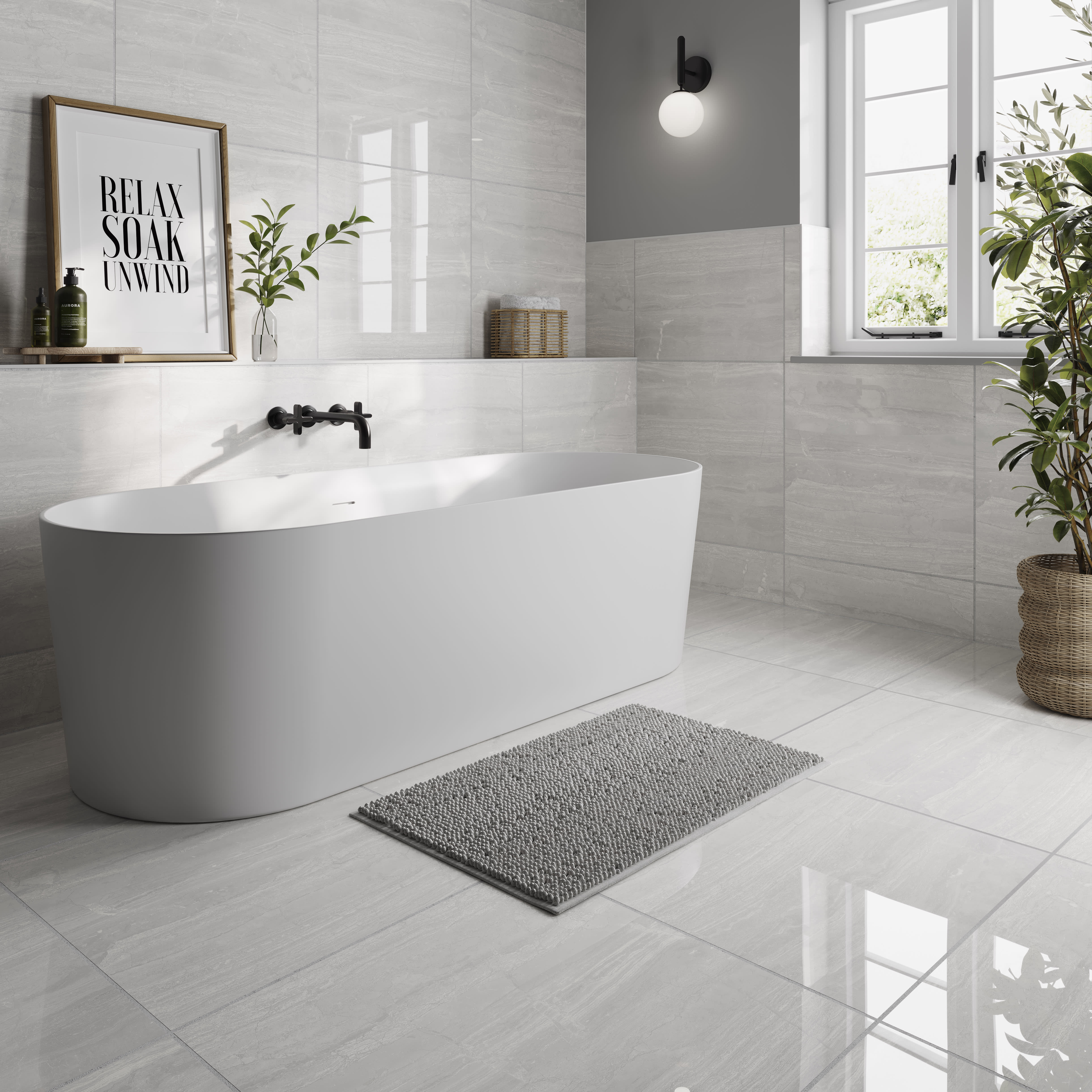 Olympia™ Light Grey Polished Stone Porcelain Wall & Floor Tile - 600 x 600mm - 40 Packs
