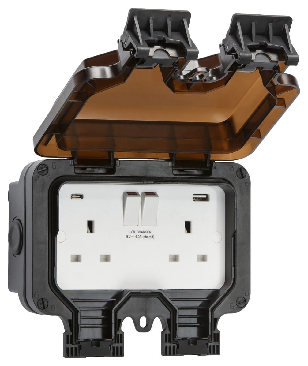 Knightsbridge IP66 13A 2 Gang Switched Socket with Dual USB A&C - Black