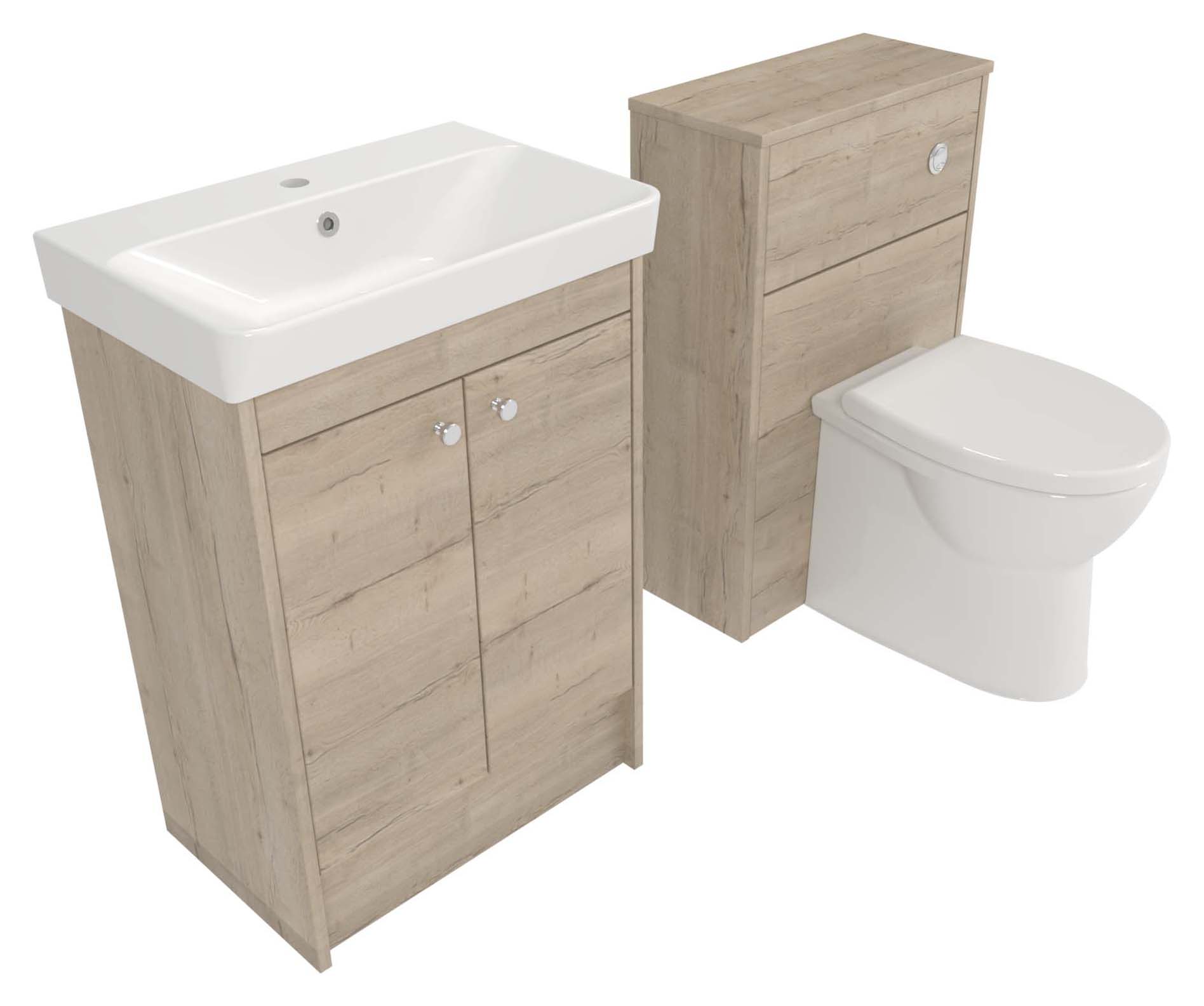 Benham FS Vanity & WC Unit Combi Set 600+500mm c/w Handles, Basin, WC Pan & Cistern Pale Oak