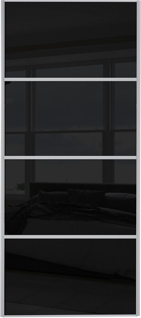 Spacepro Sliding Wardrobe Door Silver Framed Four Panel Black Glass - 2220 x 610mm
