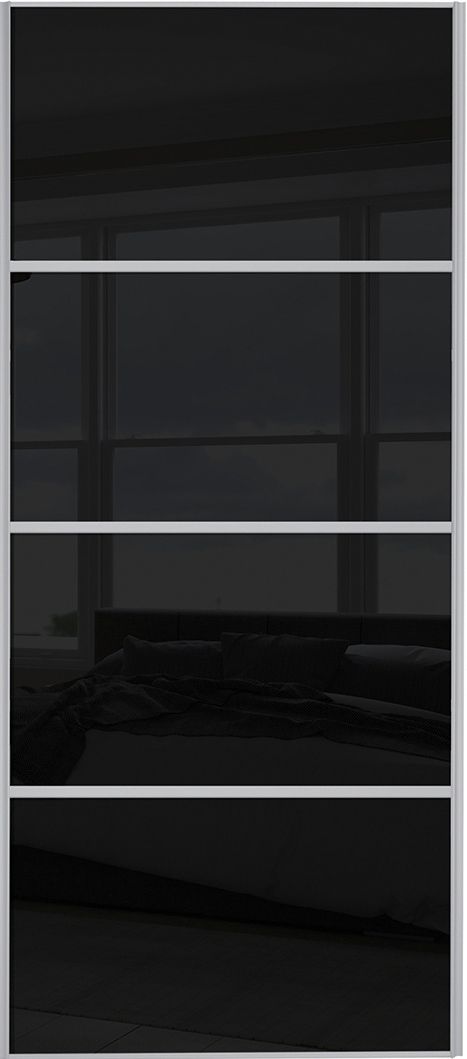 Spacepro Sliding Wardrobe Door Silver Framed Four Panel Black Glass - 2220 x 914mm