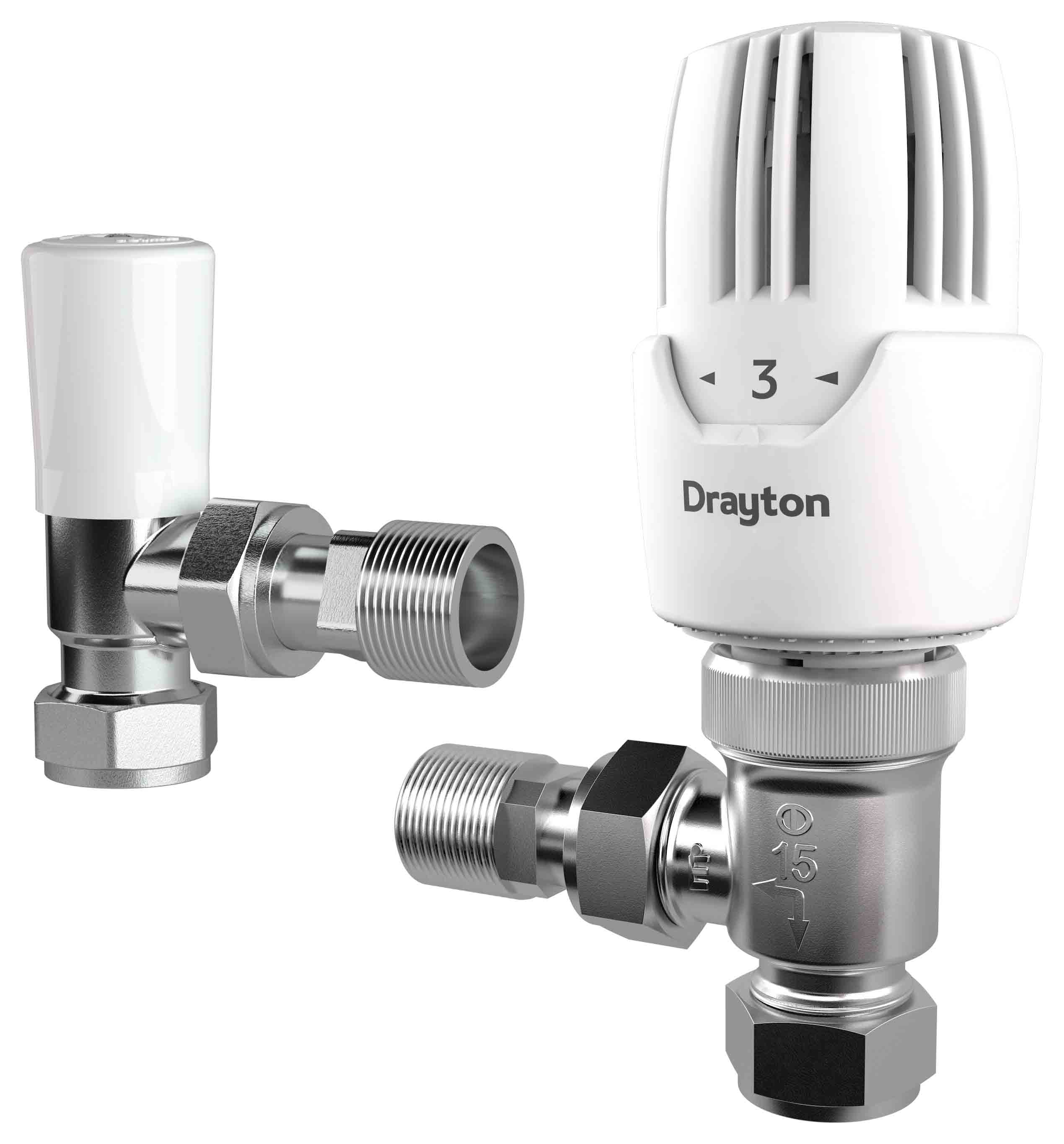 Image of Drayton RT414 15mm Angled Thermostatic Radiator Valve & Lockshield - White