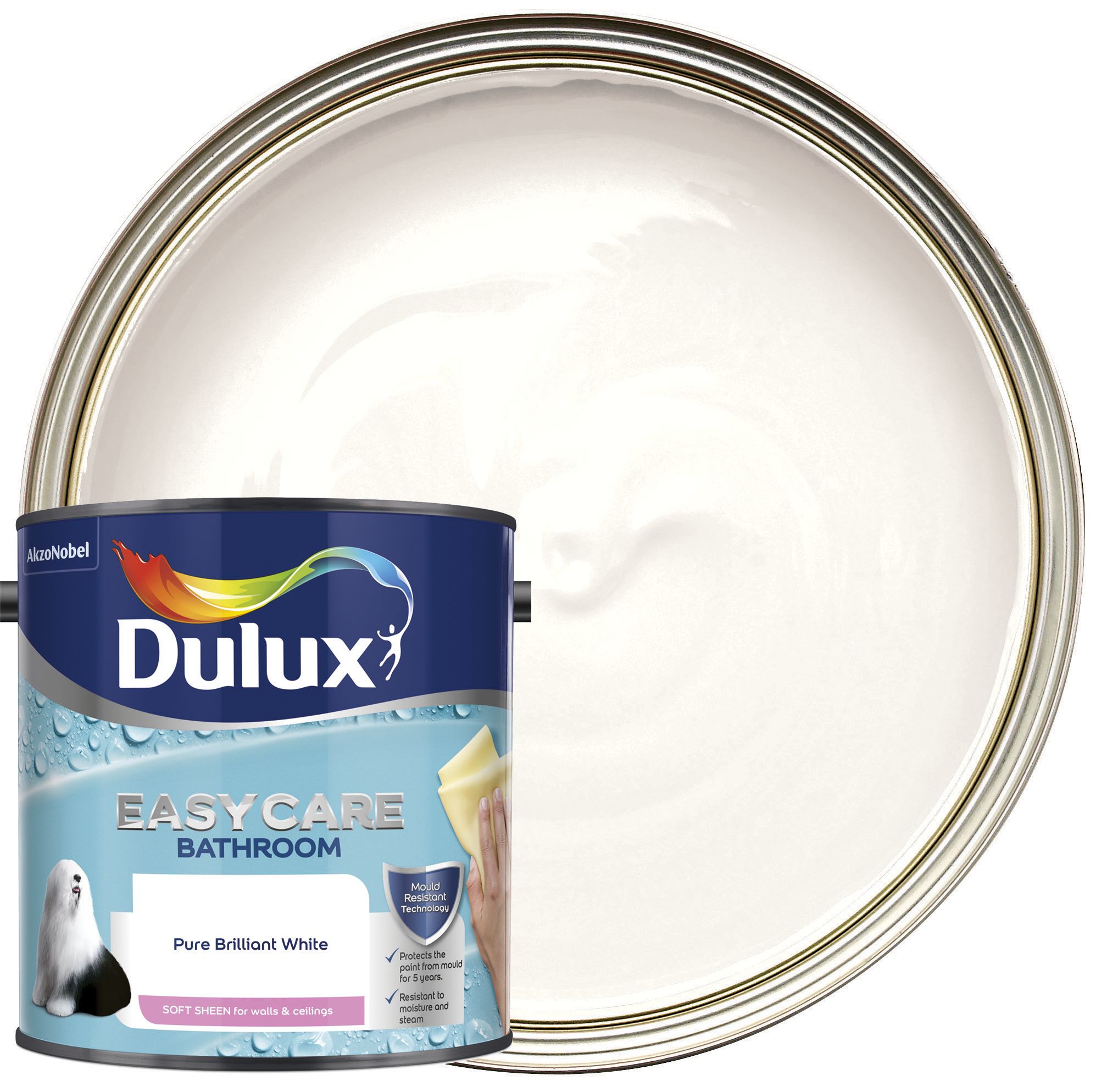 Image of Dulux Easycare Bathroom Soft Sheen Emulsion Paint - Pure Brilliant White - 2.5L