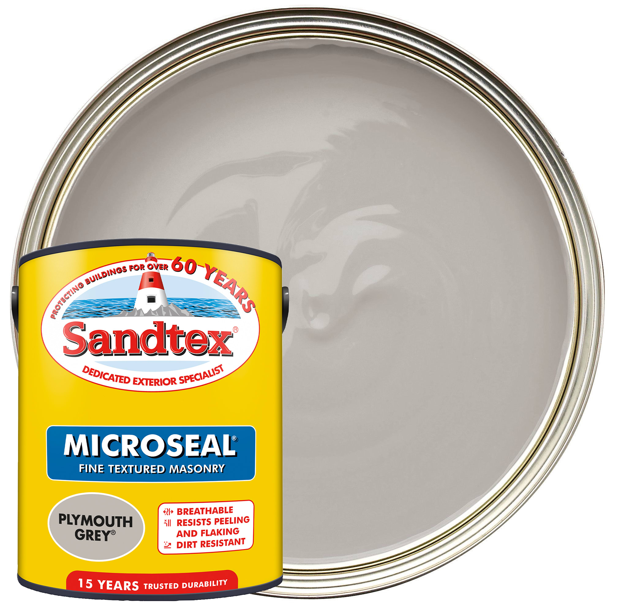 Image of Sandtex Microseal Fine Textured Weatherproof Masonry 15 Year Exterior Wall Paint - Plymouth Grey - 5L